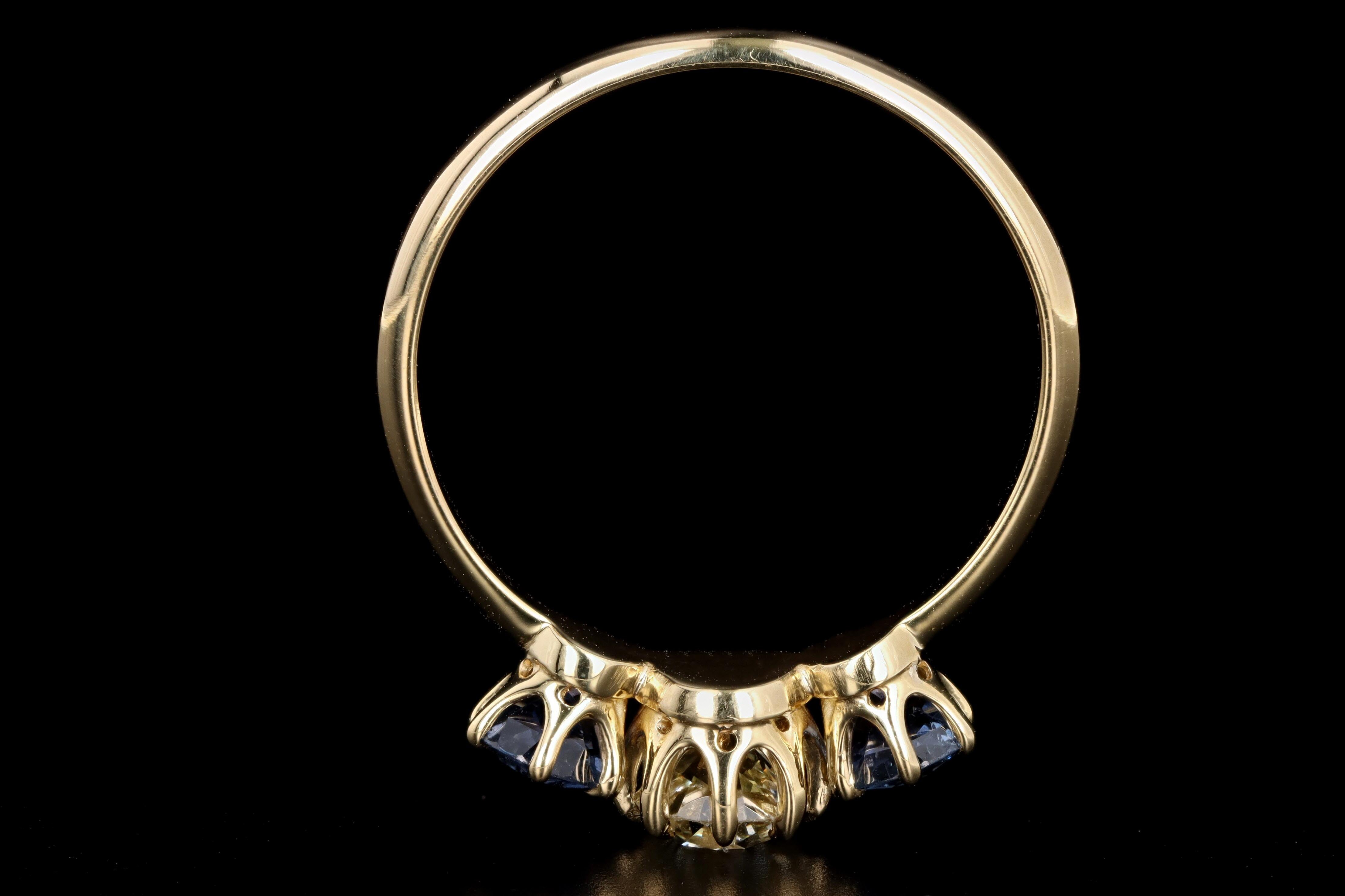 New Vintage Inspired 18K Yellow Gold Light Yellow Old European Cut Diamond & Sapphire Ring - Queen May