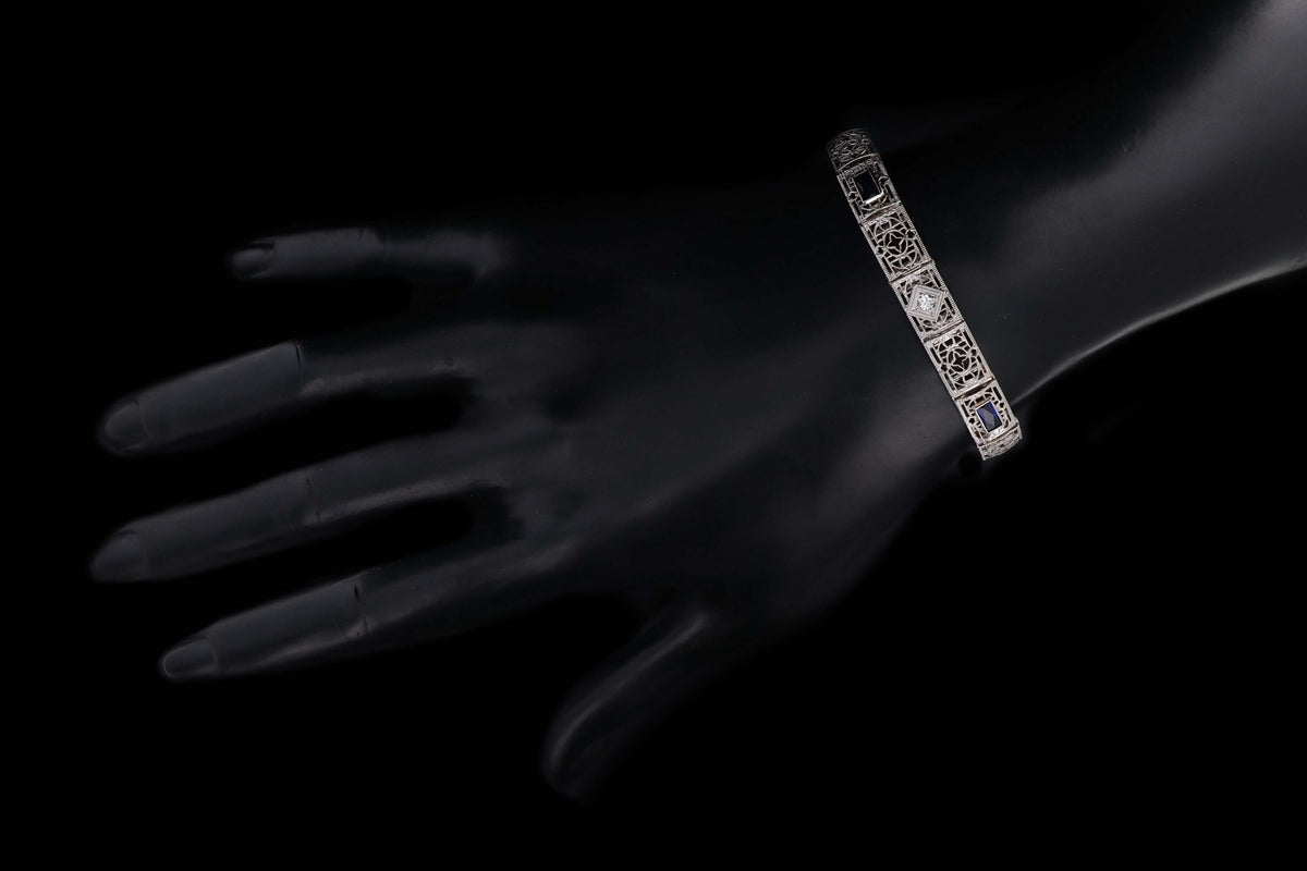 Art Deco 14K White Gold Old European Cut Diamond & Synthetic Sapphire Filigree Bracelet - Queen May