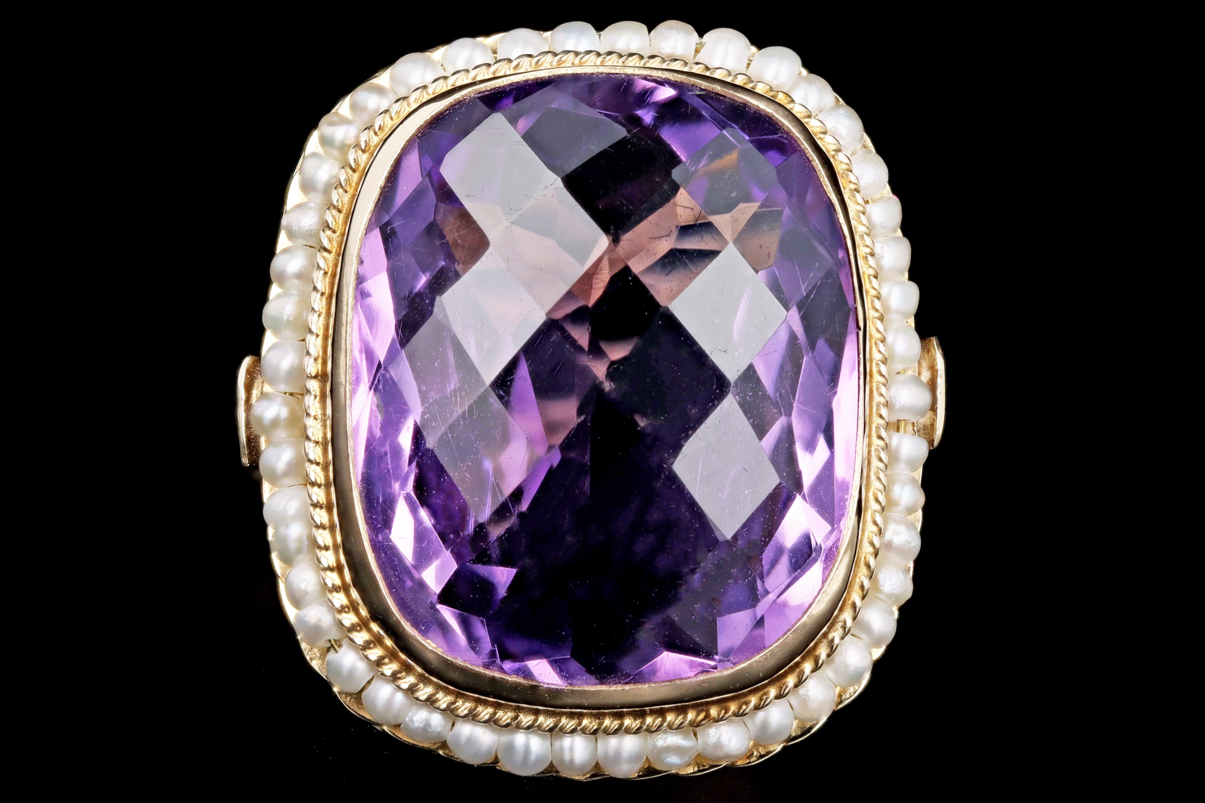 Vintage 14K Yellow Gold 11.5 Carat Amethyst & Seed Pearl Ring - Queen May