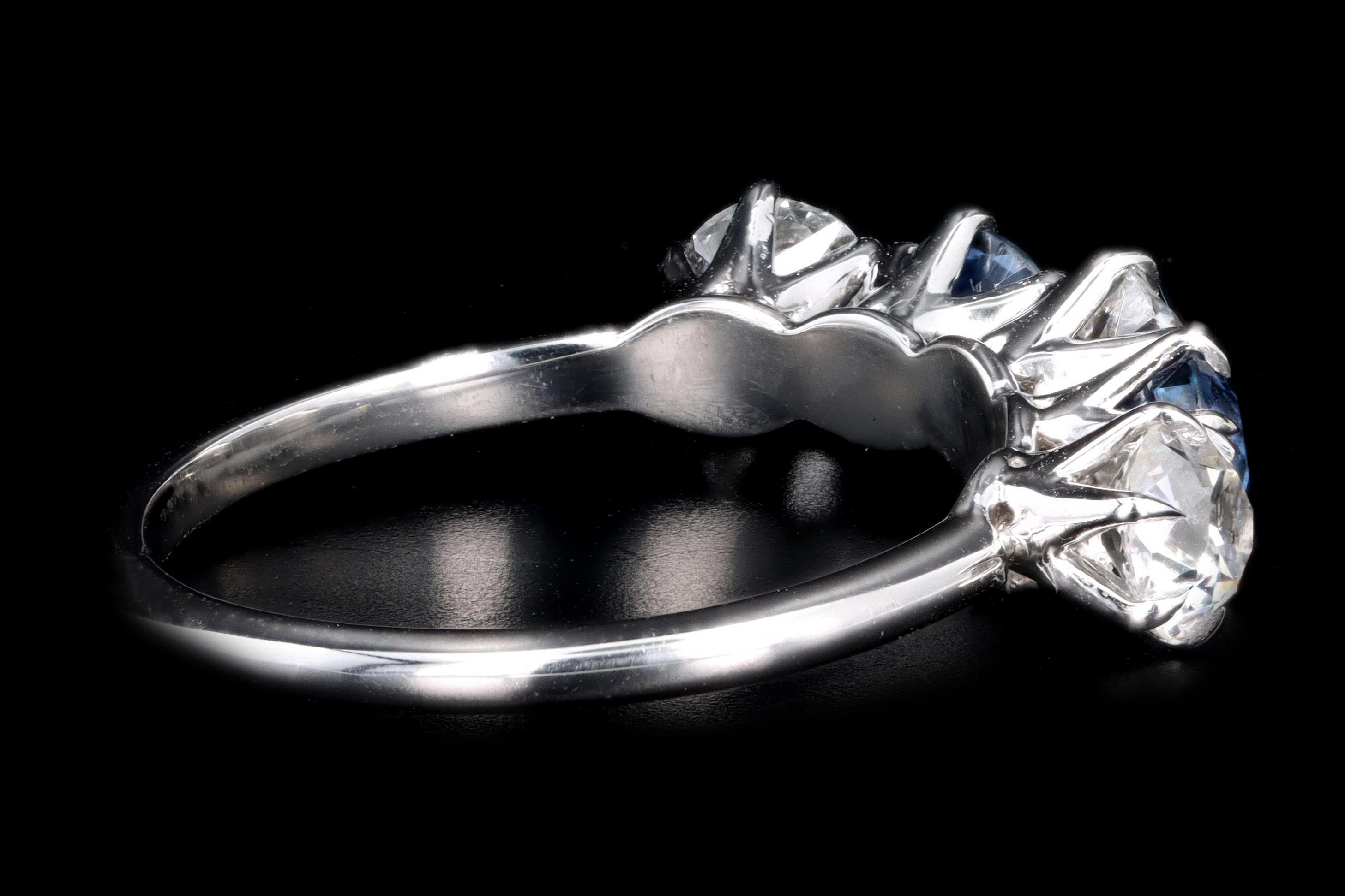 New Vintage Inspired Platinum Old Mine Cut Diamond & Yogo Gulch Sapphire Five Stone Band - Queen May