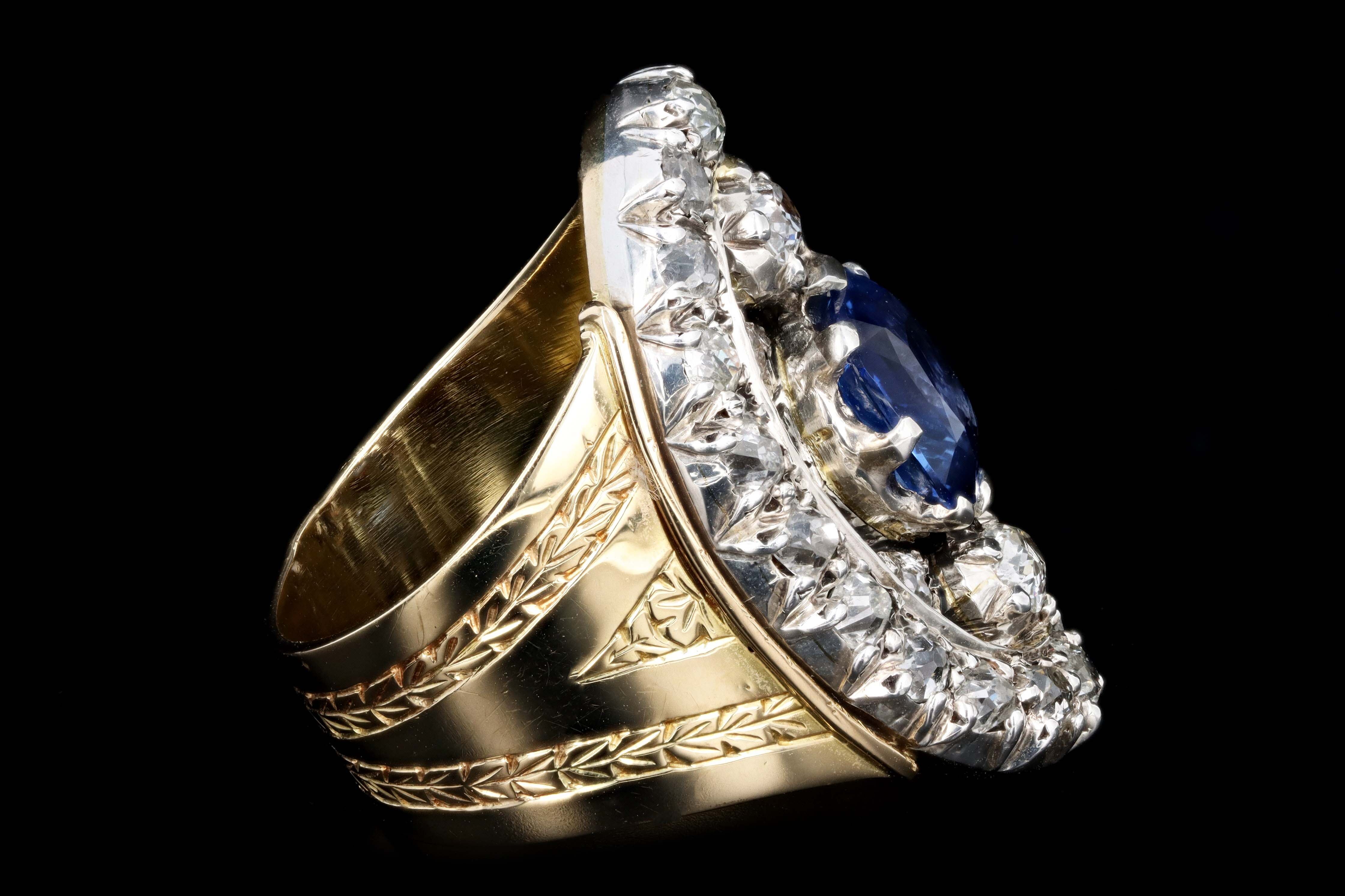 Victorian Sterling Silver & 22K Yellow Gold 3.13 Carat Natural No Heat Sapphire & Diamond Ring CGJ Certified - Queen May