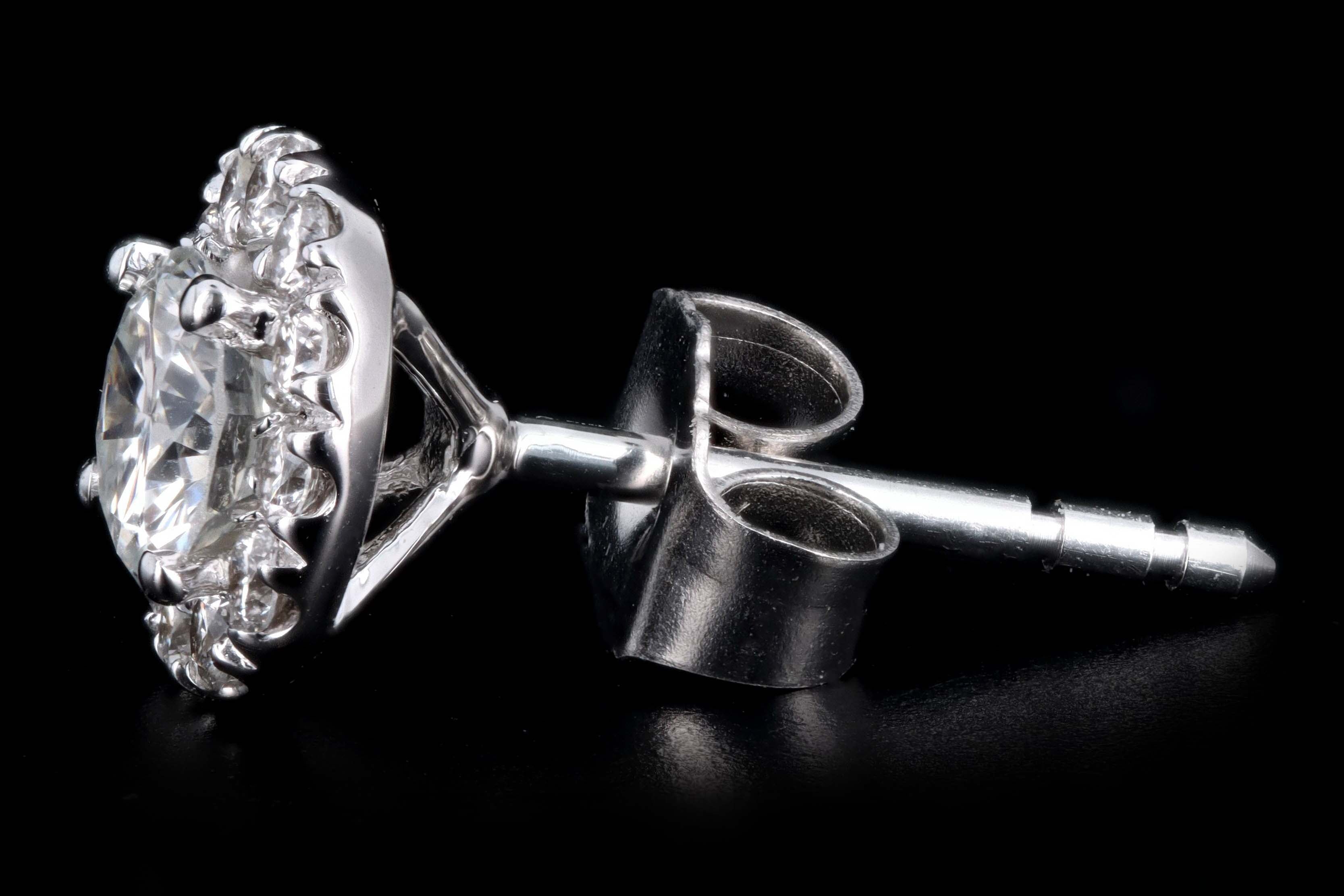 New 18K White Gold .75 Carat Round Brilliant Cut Diamond Halo Stud Earrings - Queen May