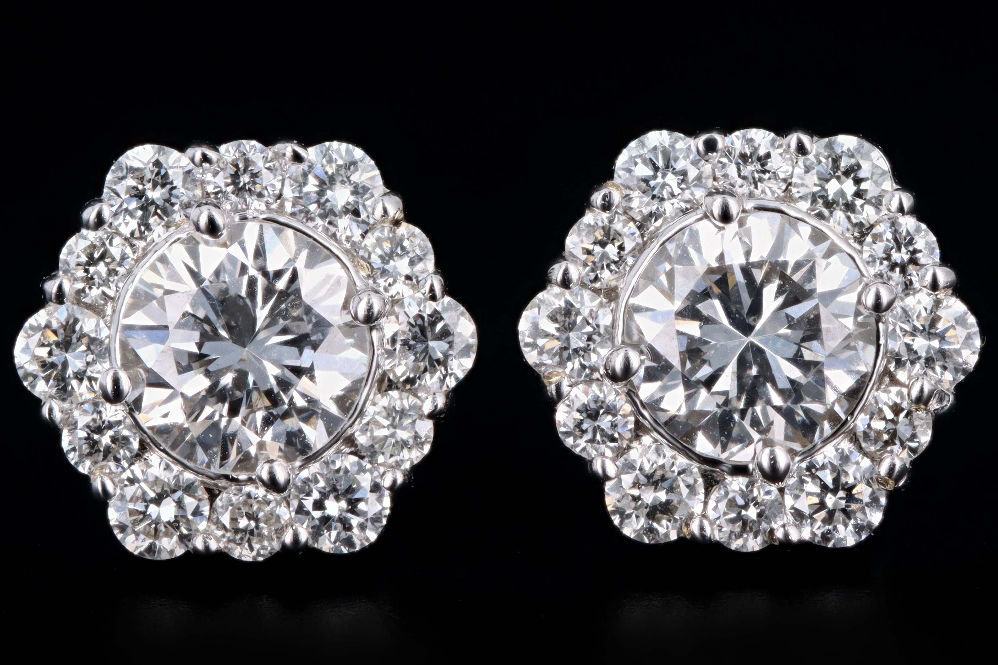 New 18K White Gold .80 Carats Total Round Brilliant Cut Diamond Halo Stud Earrings - Queen May