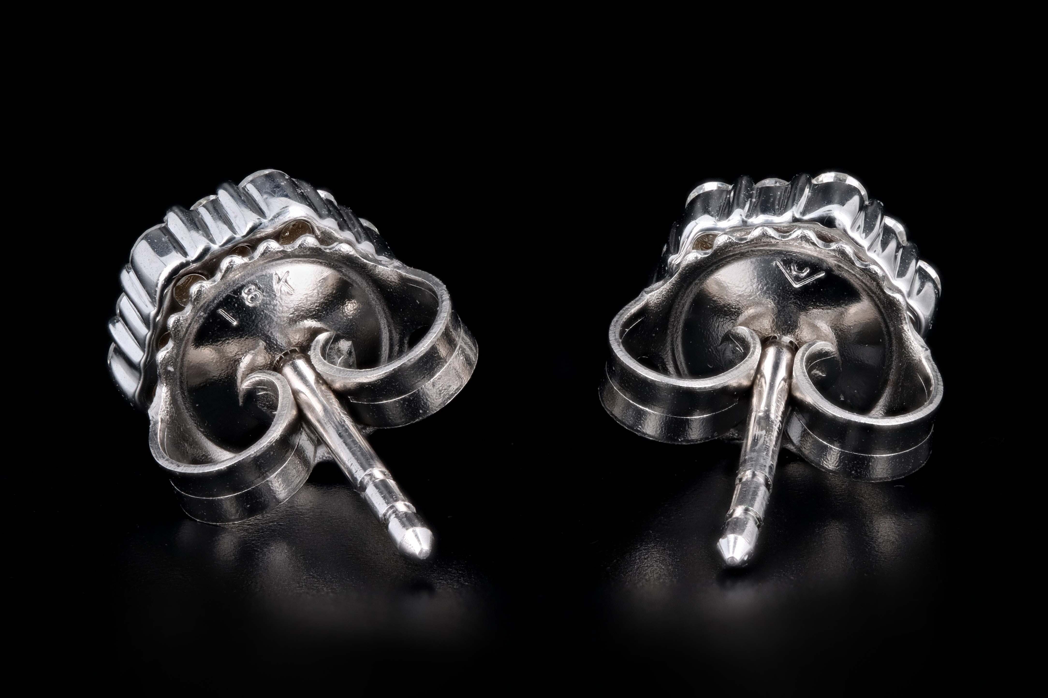 New 18K White Gold .80 Carats Total Round Brilliant Cut Diamond Halo Stud Earrings - Queen May