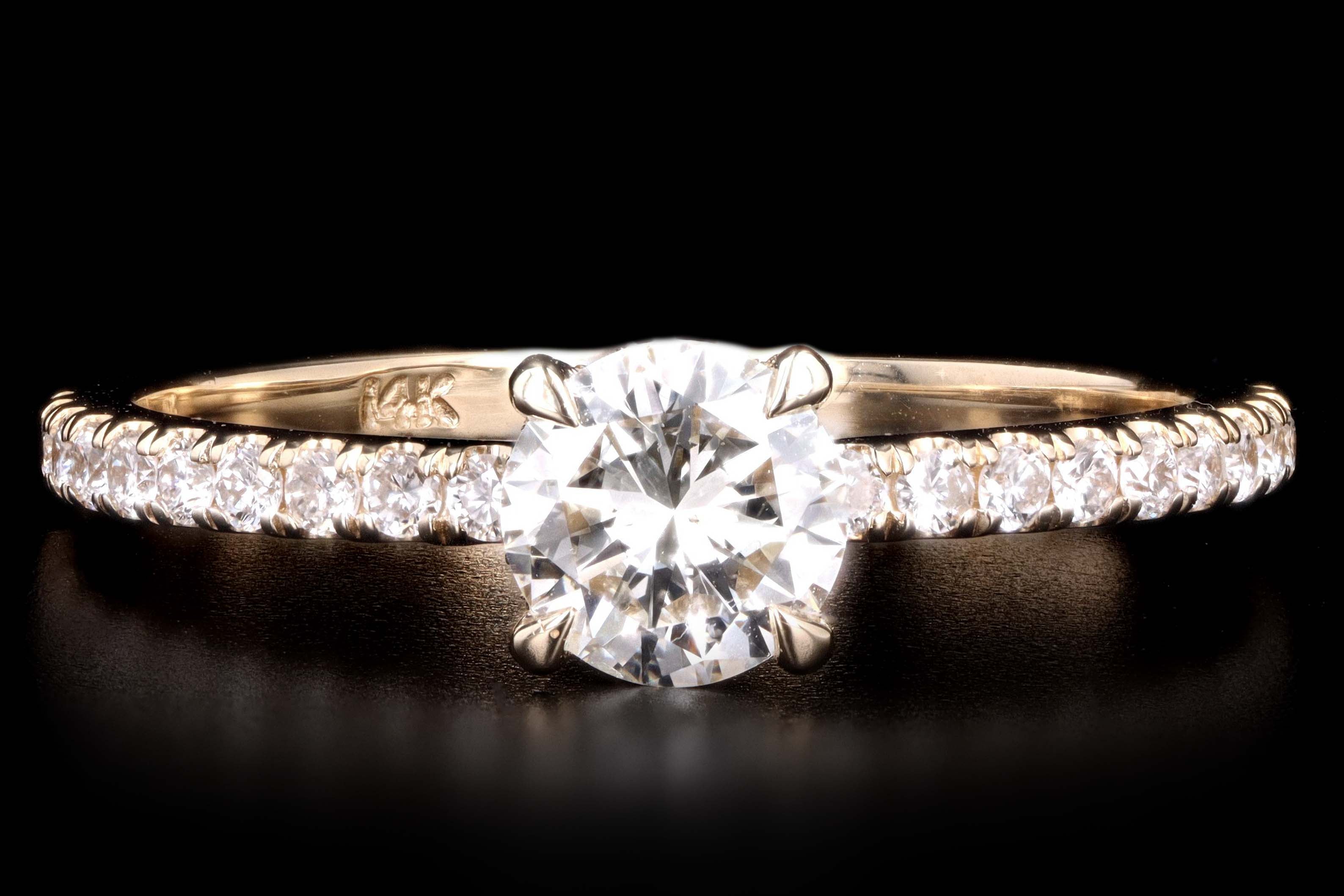 New 14K Yellow Gold .56 Carat Round Brilliant Cut Diamond French Halo Engagement Ring - Queen May