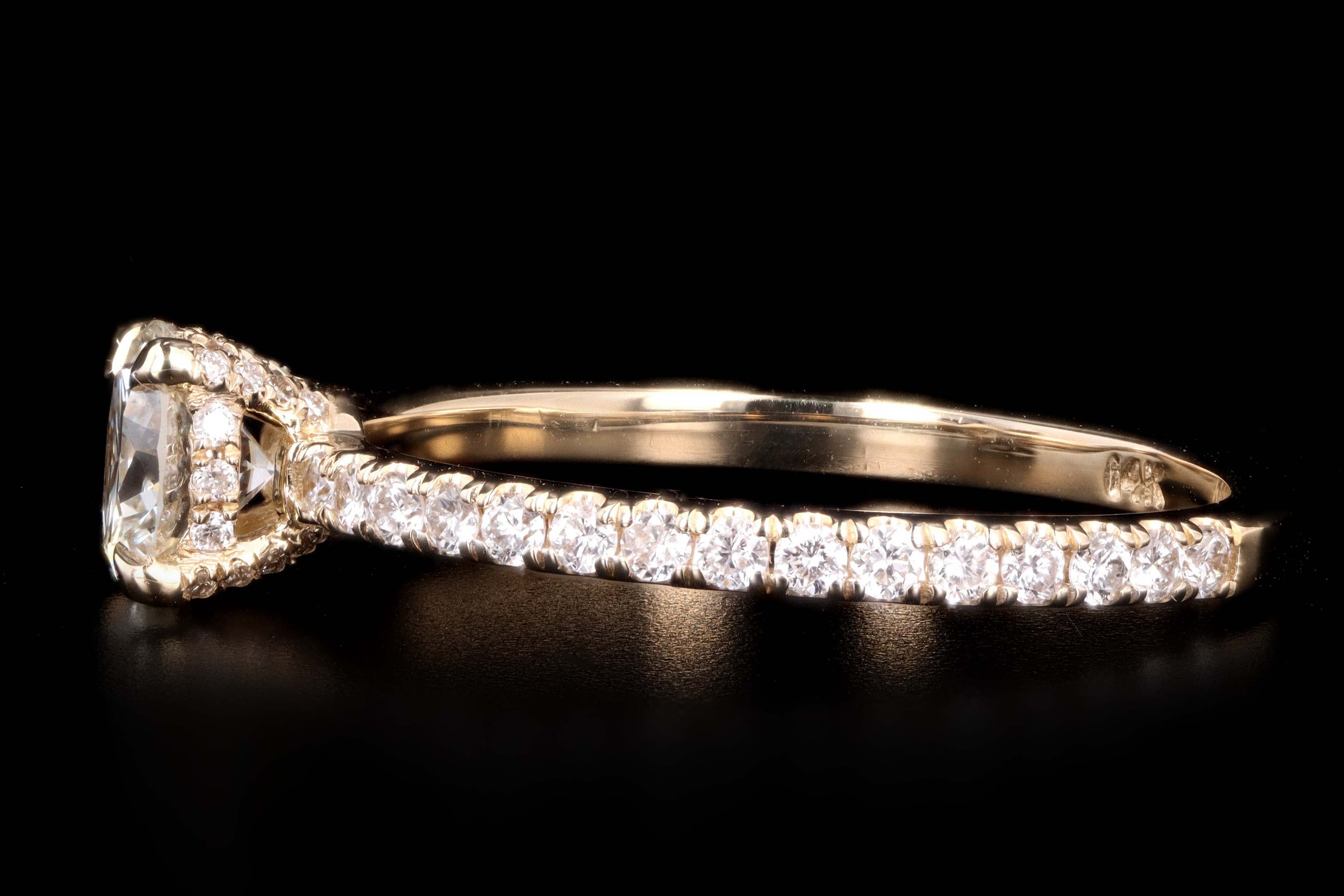 New 14K Yellow Gold .56 Carat Round Brilliant Cut Diamond French Halo Engagement Ring - Queen May
