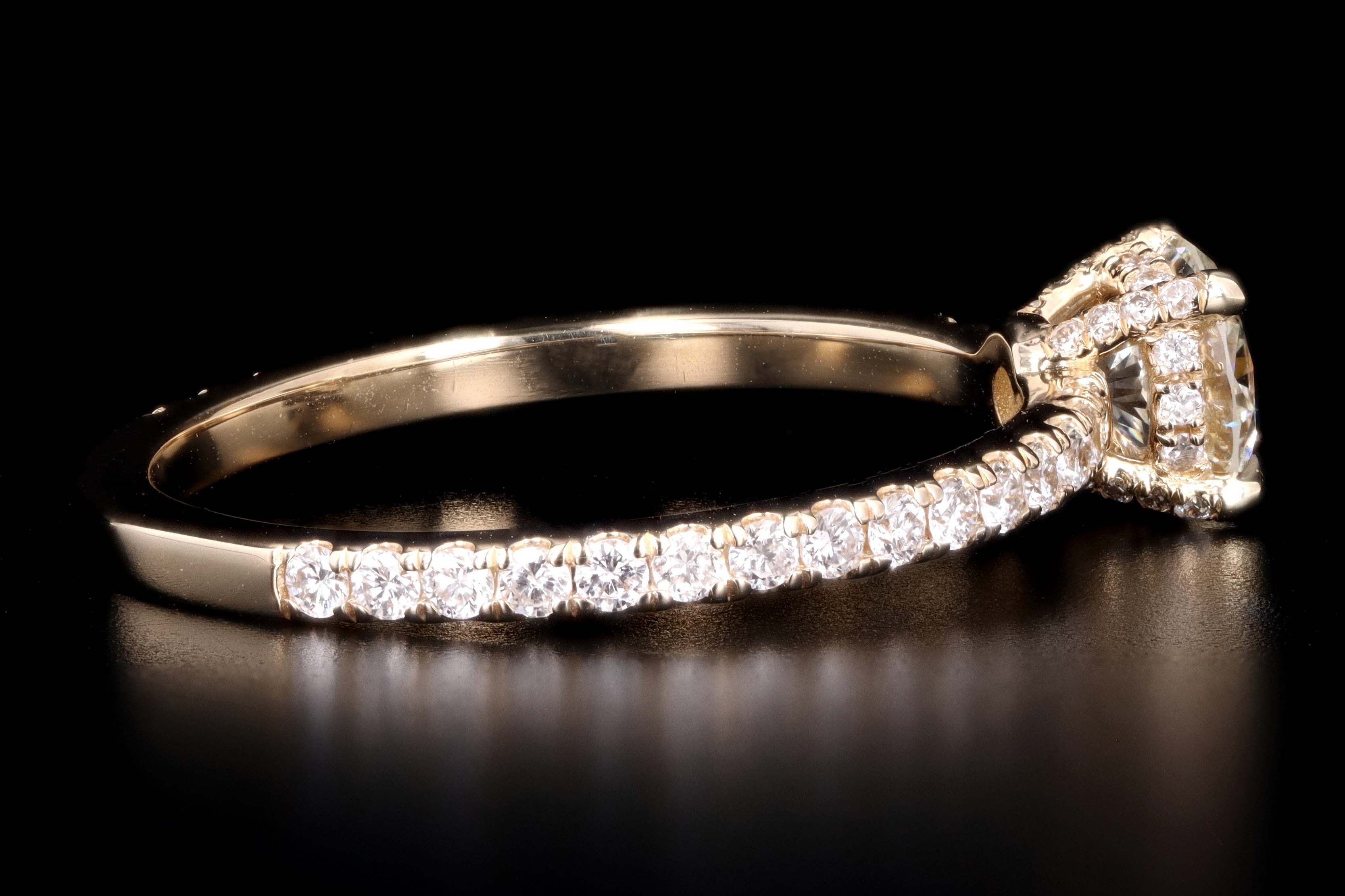 New 14K Yellow Gold .56 Carat Round Brilliant Cut Diamond French Halo Engagement Ring - Queen May