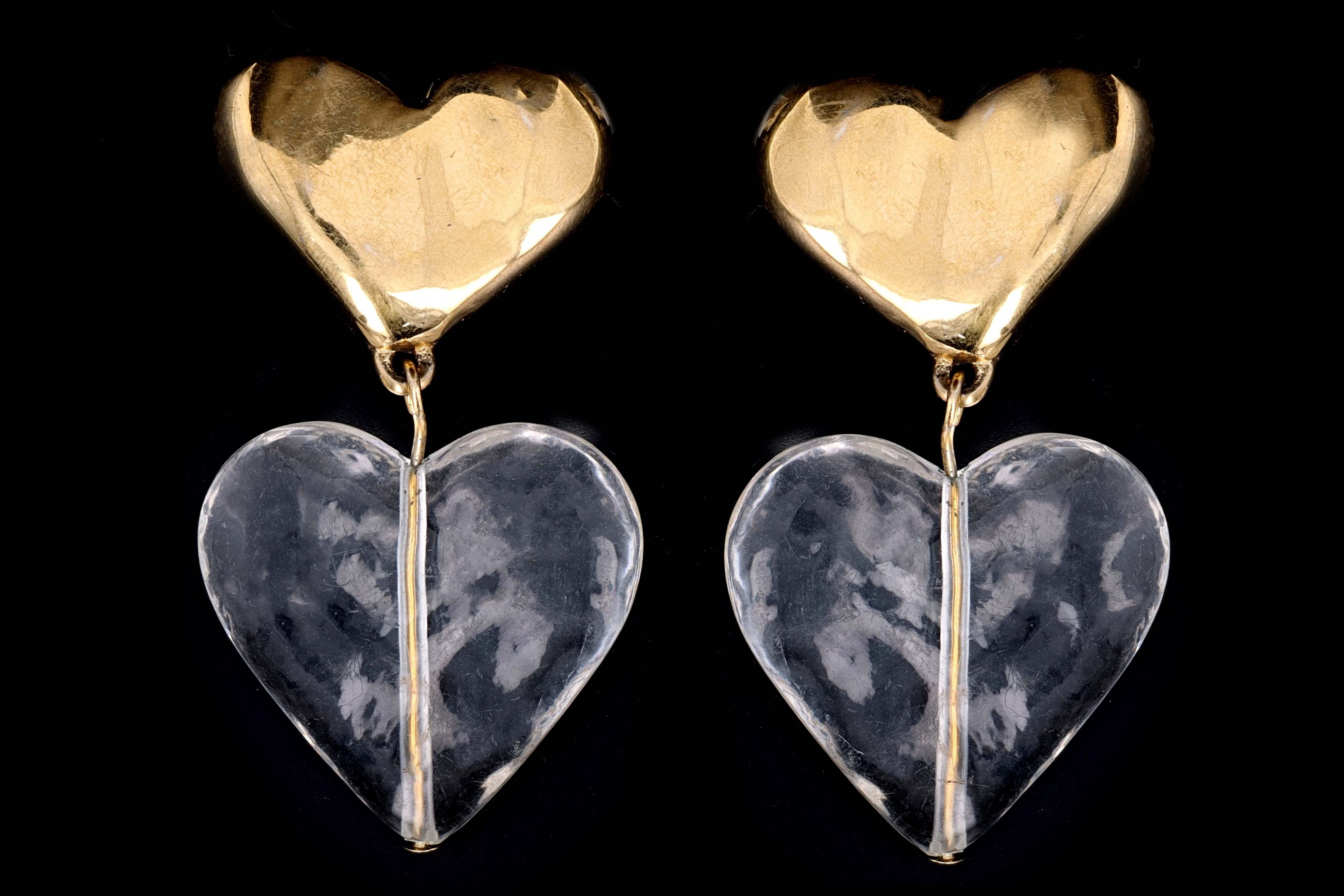 Vintage Givenchy Double Heart Gold Tone Lucite Clip- On Earrings - Queen May