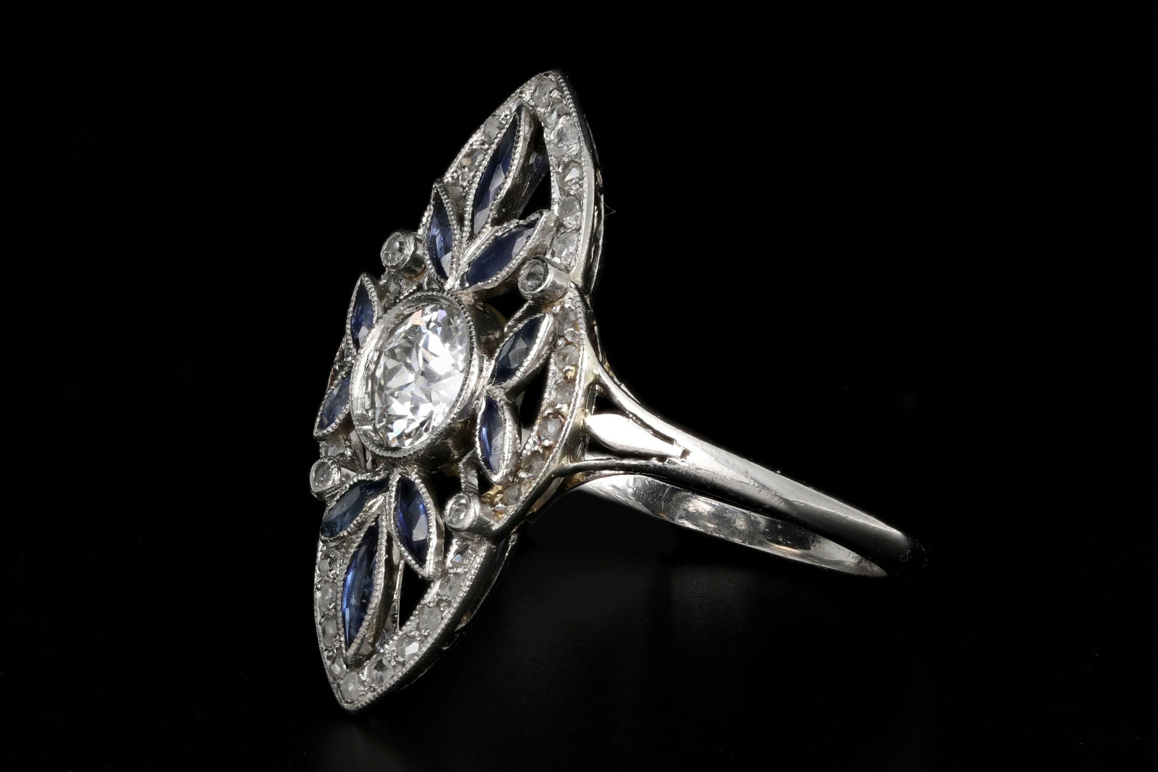 Rare Art Deco Platinum .5 Carat Old European Cut Diamond & Natural Sapphire Ring - Queen May