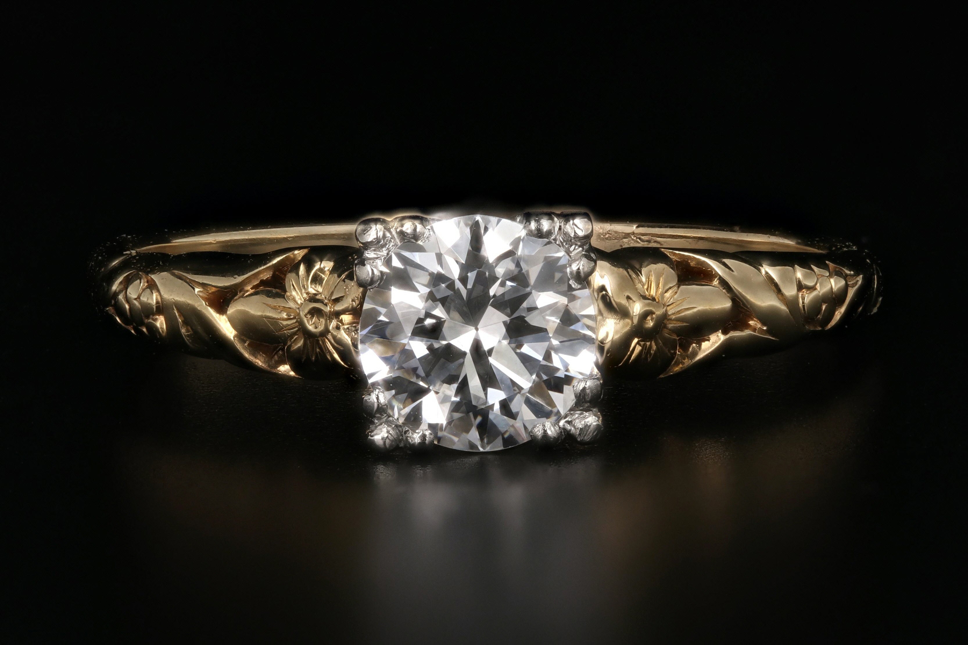 Art Nouveau 14K Yellow Gold and Platinum .70 Carat Engagement Ring - Queen May