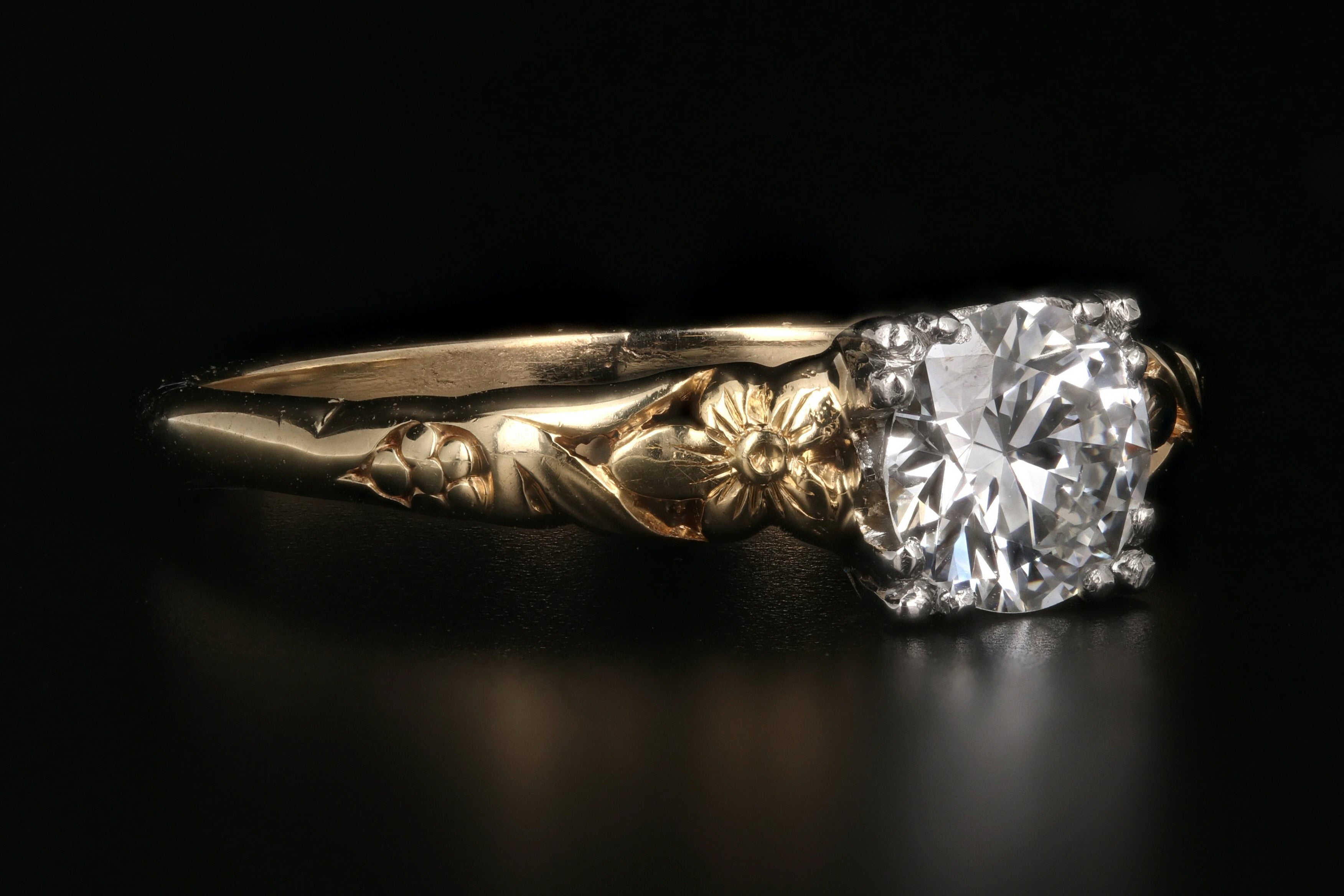Art Nouveau 14K Yellow Gold and Platinum .70 Carat Engagement Ring - Queen May