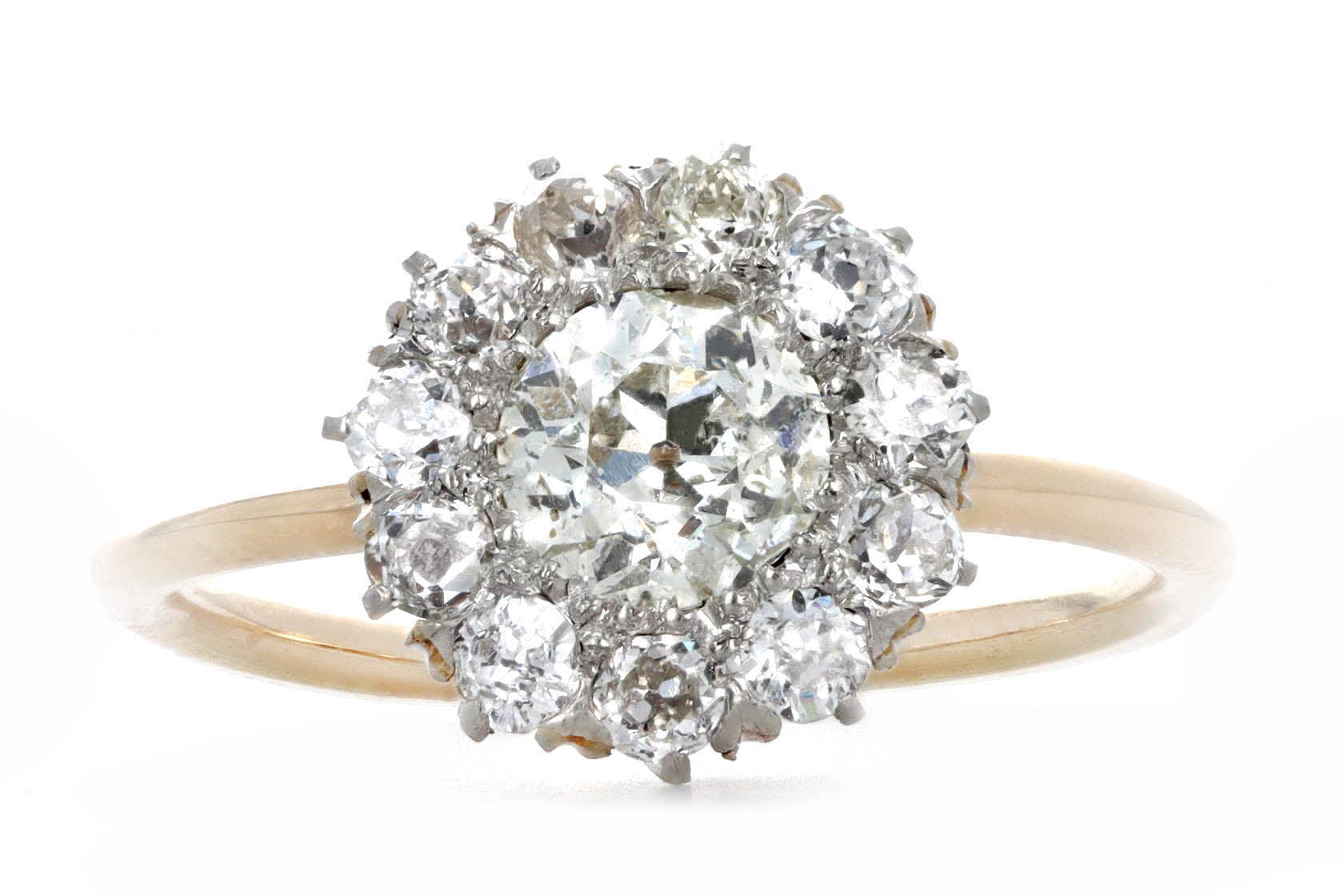 Victorian 14K Yellow Gold & Platinum 0.6 Carat Old European Diamond Halo Stick Pin Conversion Ring - Queen May