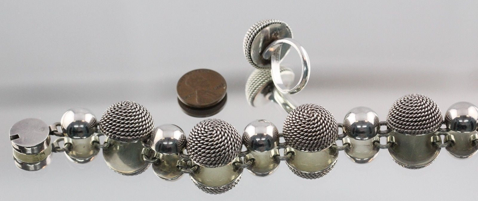 Vintage Mexico Chunky Heavy Sterling Silver Bracelet & Ring Set Signed TL-11 - Queen May