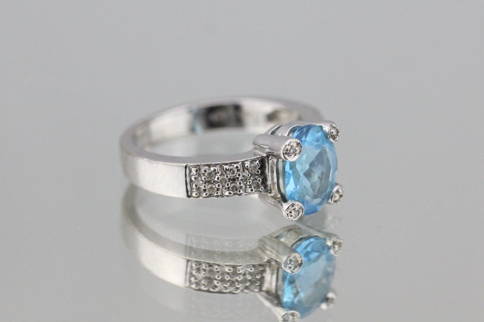 Vintage 14K White Gold Diamond & Blue Topaz Ring w/ Diamond Prongs - Queen May