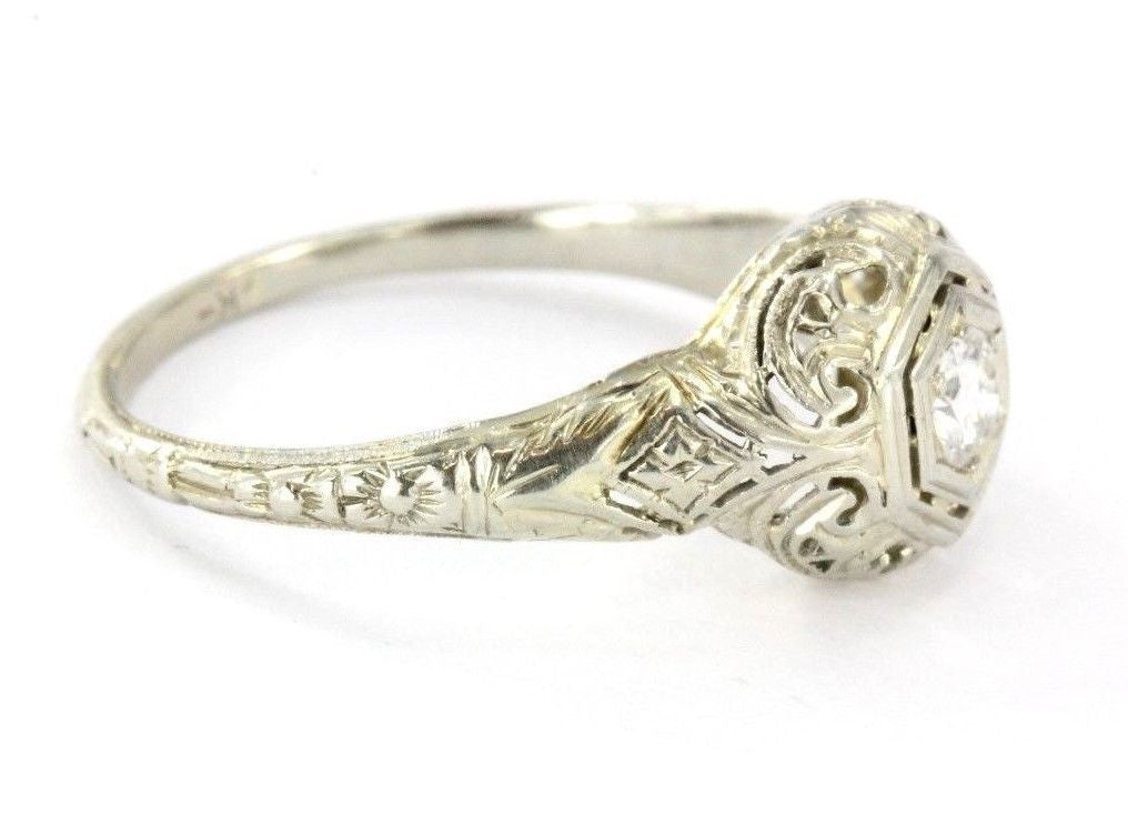 Antique Art Deco 18k White Gold & Diamond Engagement Ring - Queen May