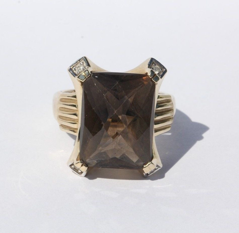 Vintage 14K Gold 1940's Art Deco Smoky Topaz & Diamond Ring Baldwin Miller Co - Queen May