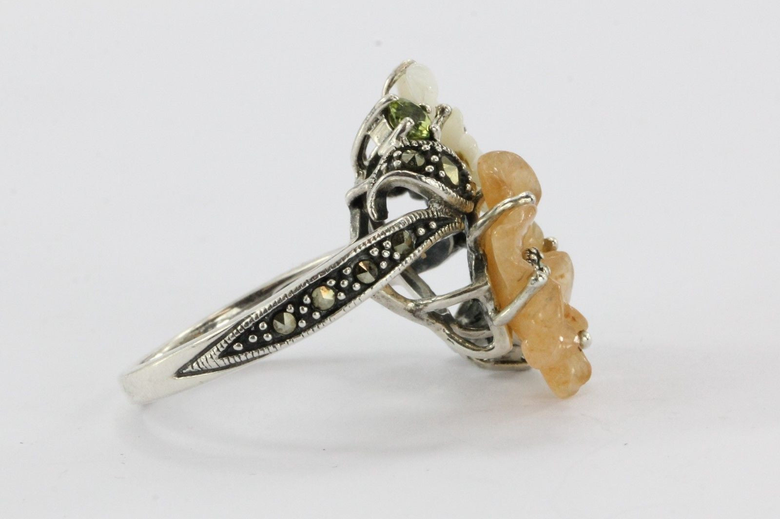 Sterling Silver Orange Jade, MOP, Peridot & Marcasite Hibiscus Flower Ring - Queen May