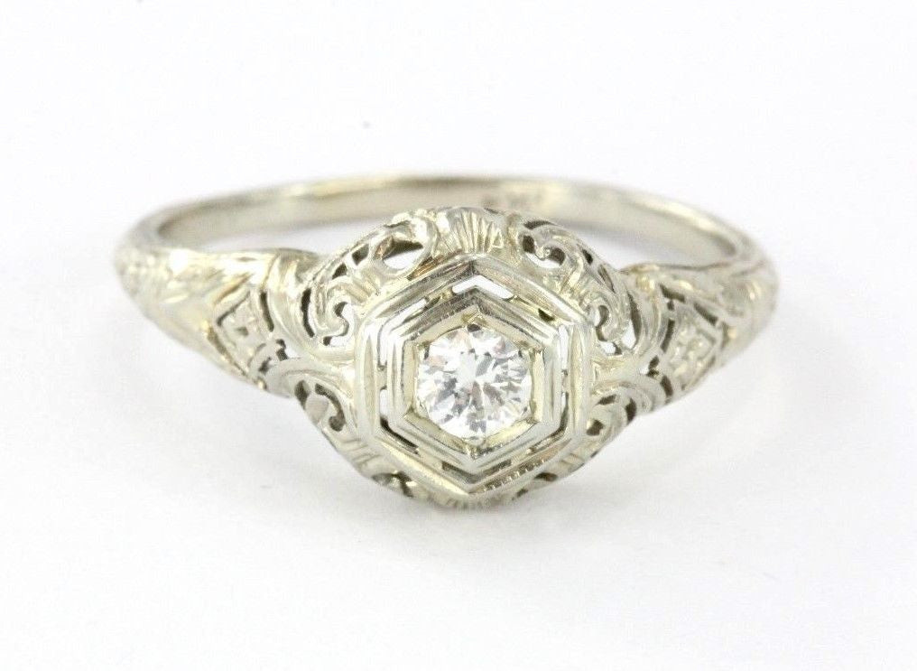 Antique Art Deco 18k White Gold & Diamond Engagement Ring - Queen May