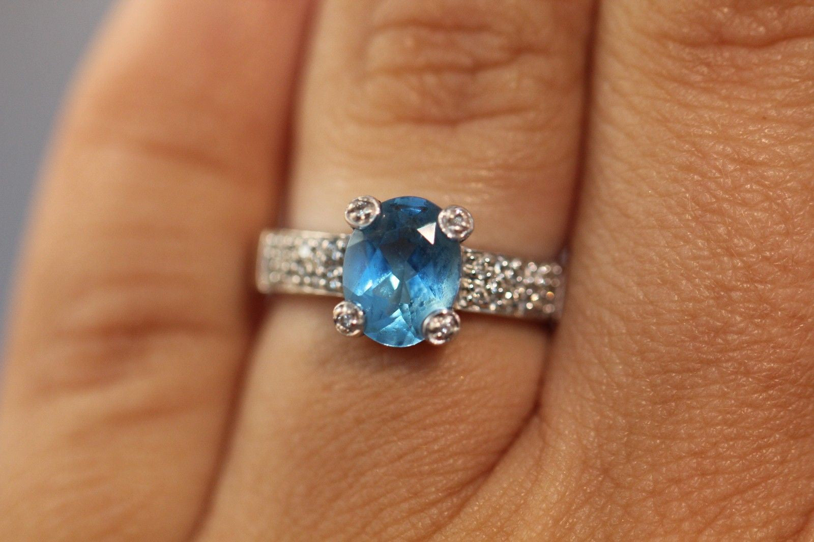 Vintage 14K White Gold Diamond & Blue Topaz Ring w/ Diamond Prongs - Queen May