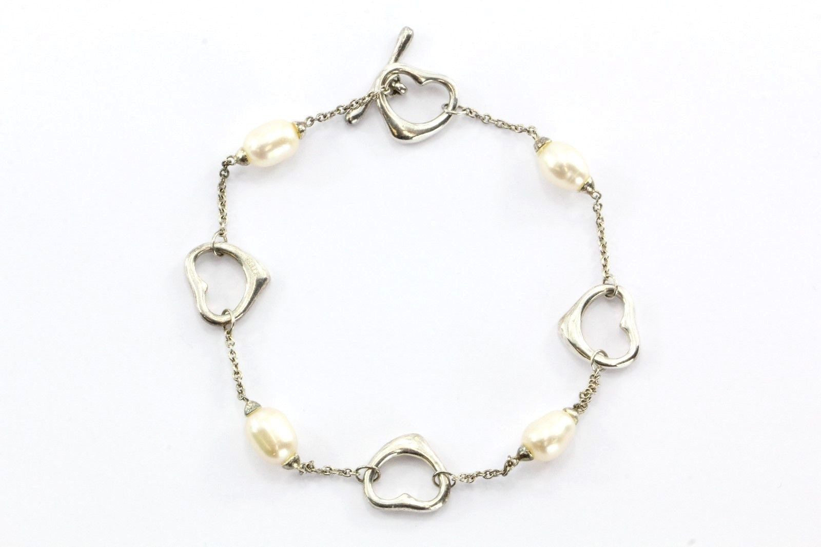 Tiffany & Co Sterling Silver Elsa Peretti Pearl Open Heart Toggle Bracelet - Queen May