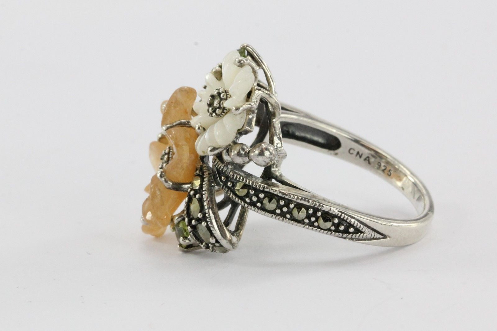 Sterling Silver Orange Jade, MOP, Peridot & Marcasite Hibiscus Flower Ring - Queen May