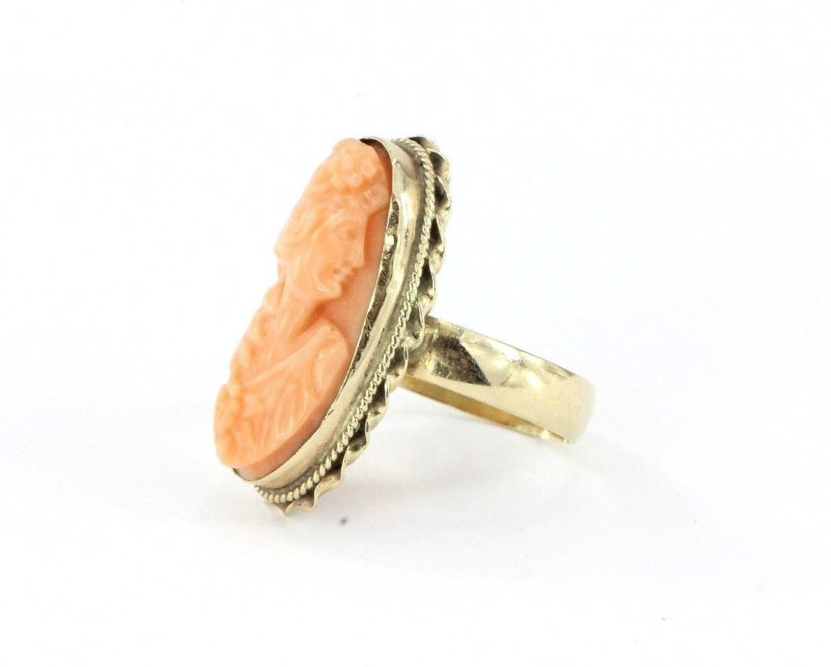 Antique Victorian 14K Gold Hand Carved Angel Skin Coral Cameo Ring Size 7.25 - Queen May