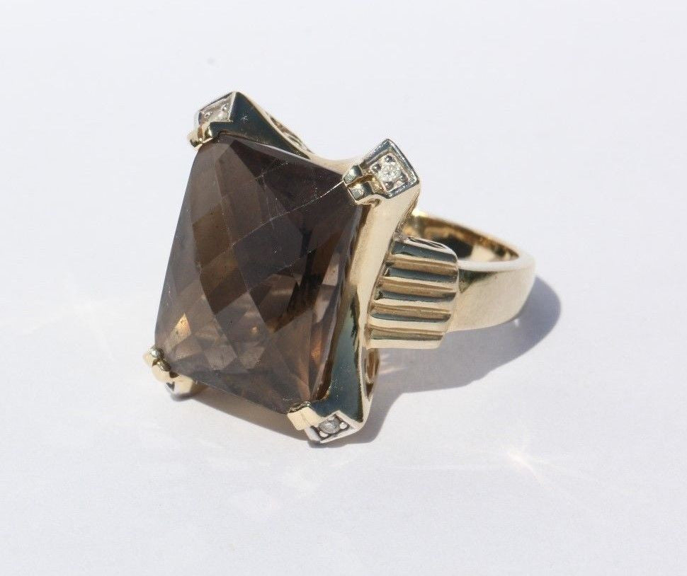 Vintage 14K Gold 1940's Art Deco Smoky Topaz & Diamond Ring Baldwin Miller Co - Queen May