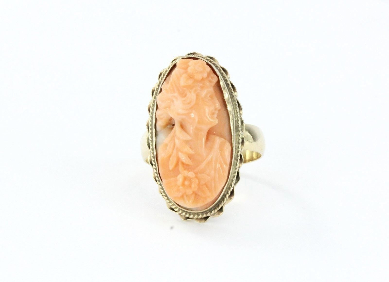 Antique Victorian 14K Gold Hand Carved Angel Skin Coral Cameo Ring Size 7.25 - Queen May
