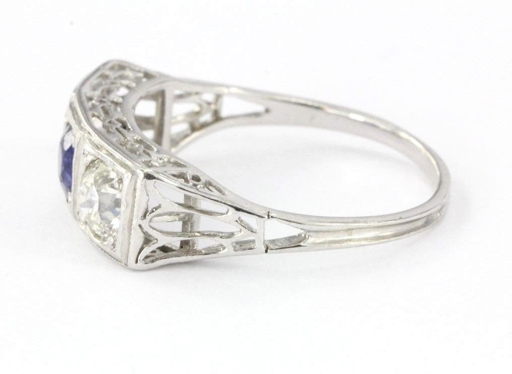 Antique Platinum Old Mine Cut Diamond & Sapphire Engagement Ring 1 CTTW Size 6.5 - Queen May