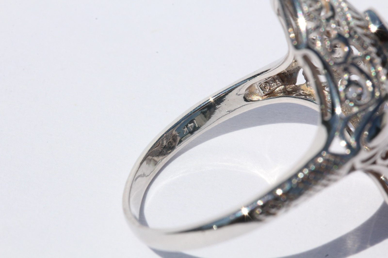Antique Edwardian 14K White Gold Diamond & Sapphire Ring Signed - Queen May