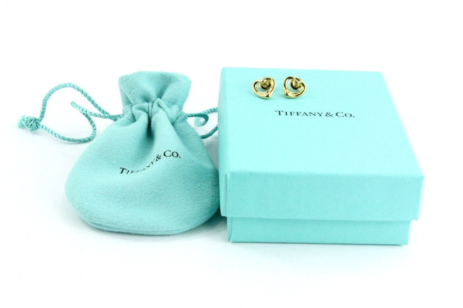 Tiffany & Co 18K Gold Elsa Peretti Open Heart Earring Studs w/ Pouch & Box - Queen May