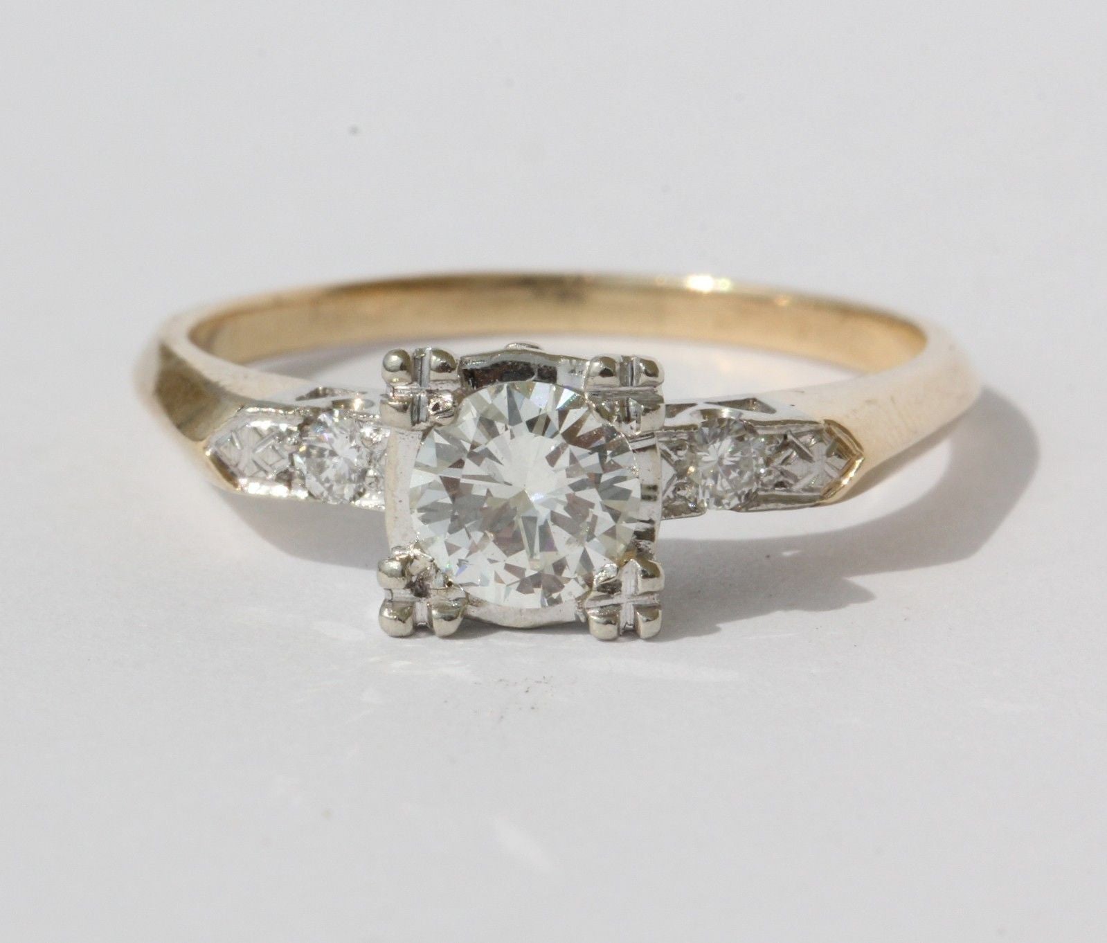 Vintage Retro 14K Yellow and White Gold Diamond Engagement Ring - Queen May