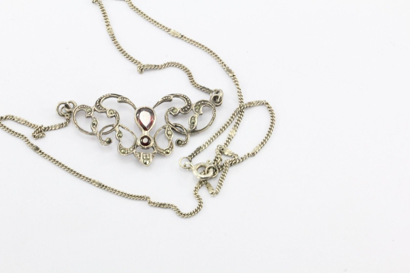 Vintage Sterling Silver Art Nouveau Style Garnet & Marcasite Necklace - Queen May