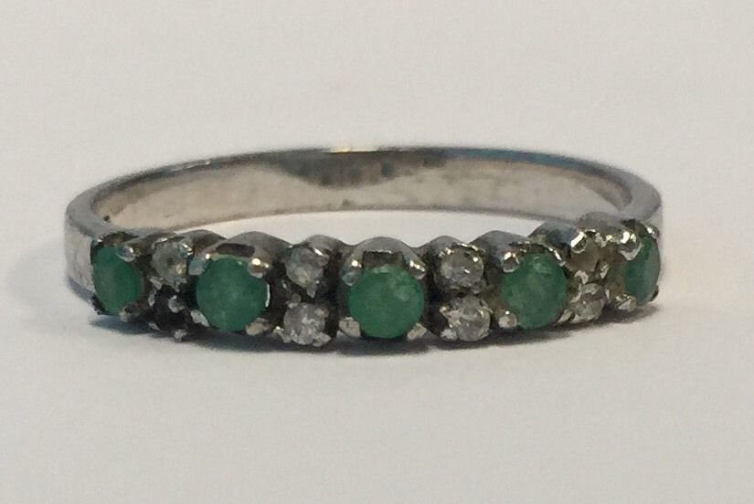 Sterling Silver Diamond & Emerald Ring Band Size 7.75 - Queen May