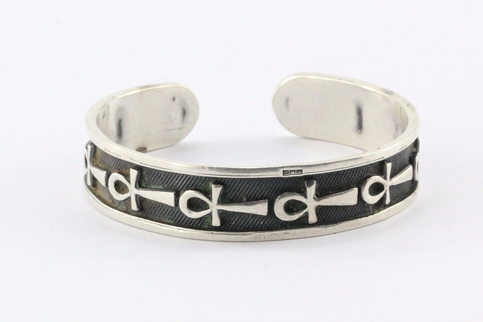 Vintage Sterling Silver Egyptian Oxidized Ankh Cuff Bracelet - Queen May