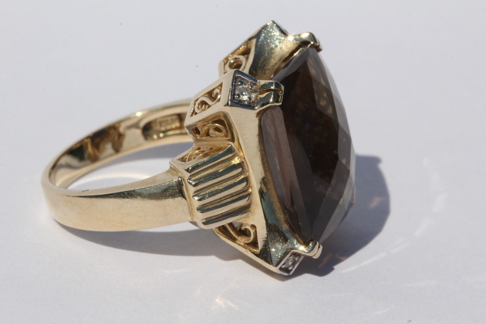Vintage 14K Gold 1940's Art Deco Smoky Topaz & Diamond Ring Baldwin Miller Co - Queen May