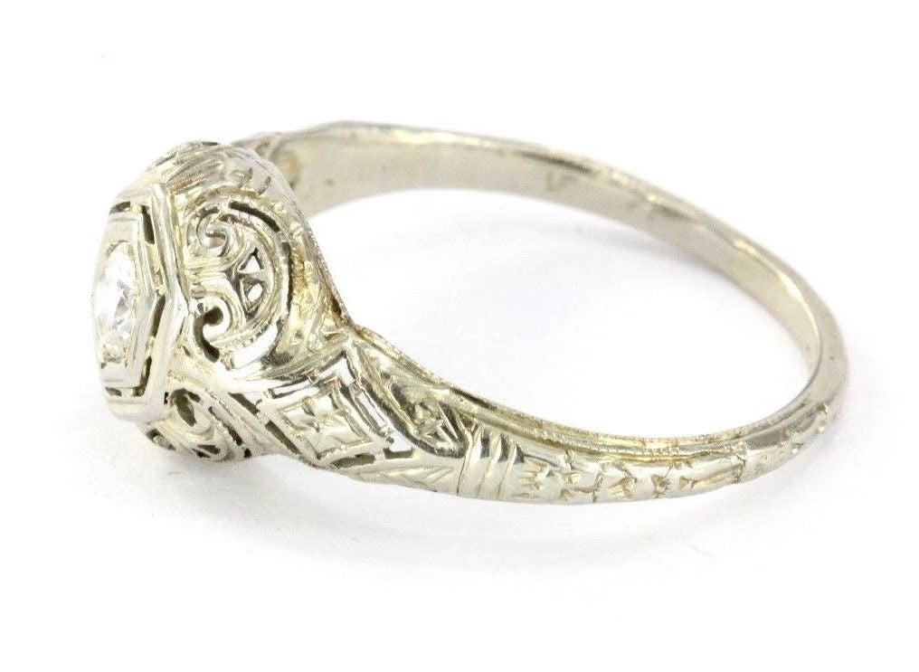 Antique Art Deco 18k White Gold & Diamond Engagement Ring - Queen May