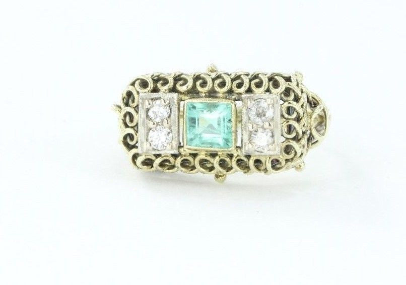 Antique Art Nouveau 14K Gold Old mine Diamond & Emerald Ring - Queen May
