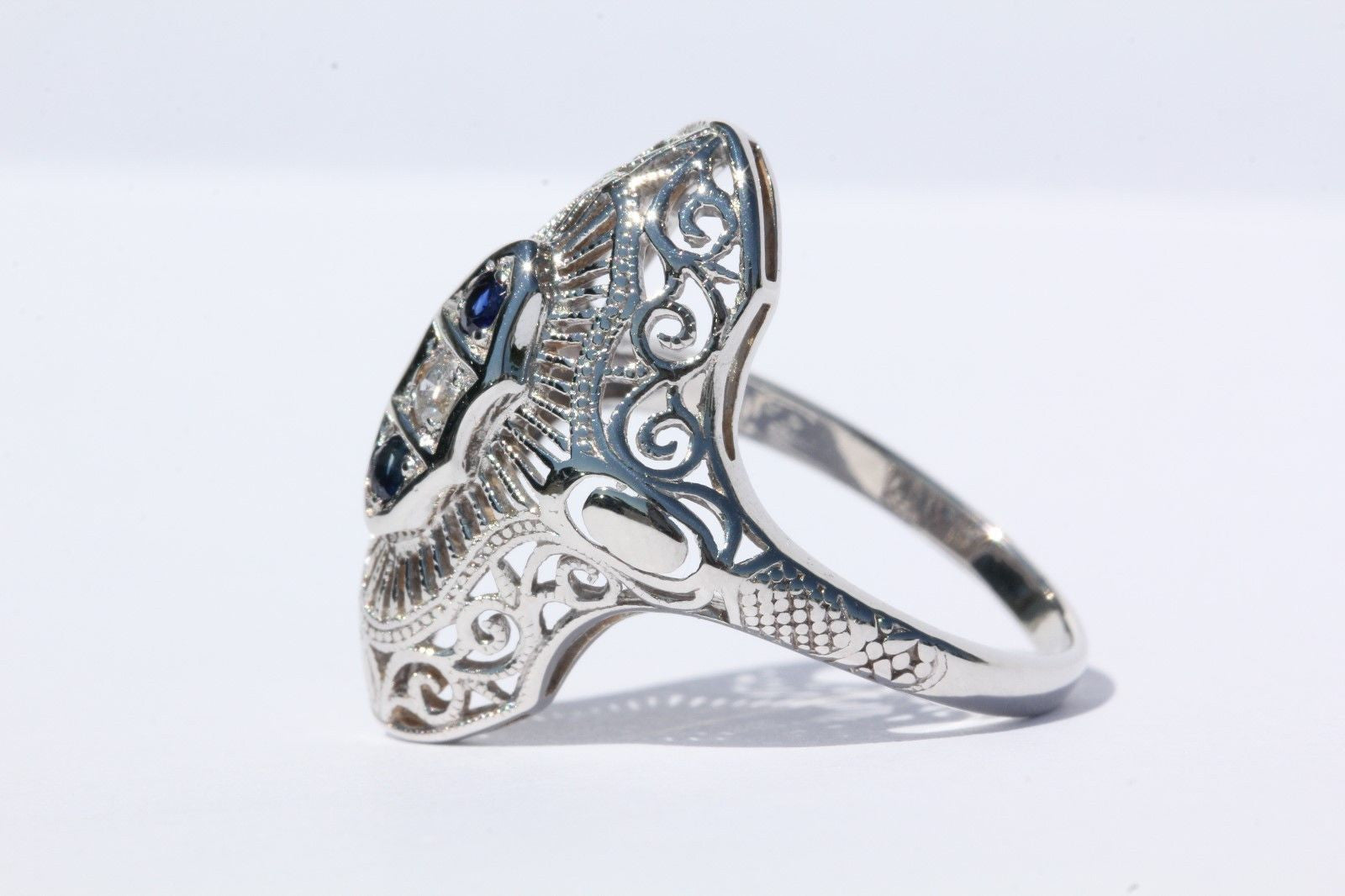 Antique Edwardian 14K White Gold Diamond & Sapphire Ring Signed - Queen May