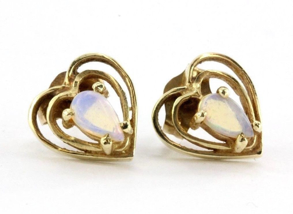 Vintage 14K Gold & Opal Double Heart Earring Studs - Queen May