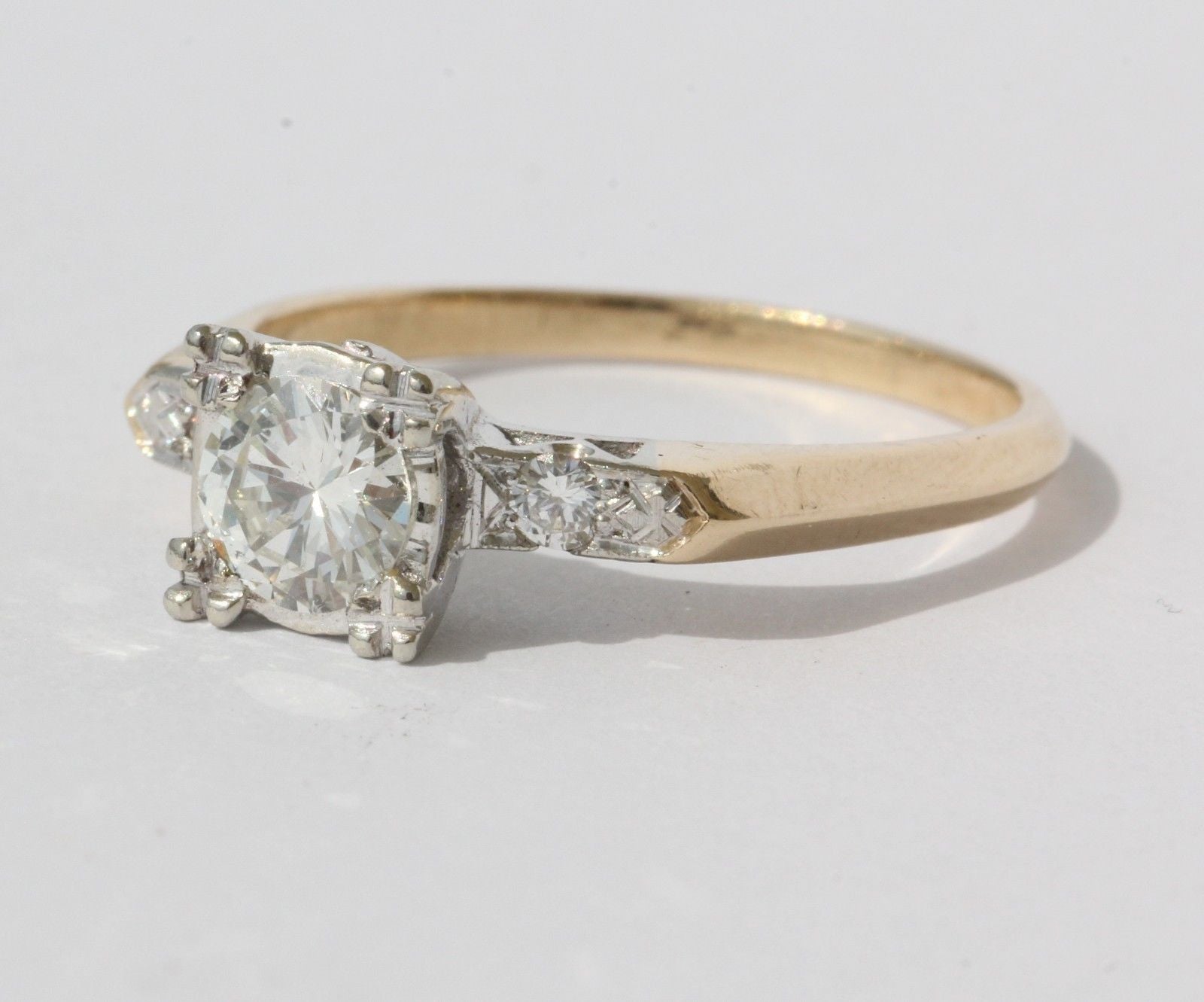 Vintage Retro 14K Yellow and White Gold Diamond Engagement Ring - Queen May