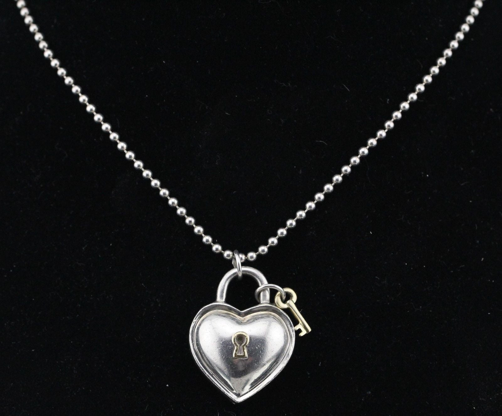 VINTAGE 1994 RARE Tiffany & Co Silver 18K Gold Heart Padlock Key Necklace 34" - Queen May
