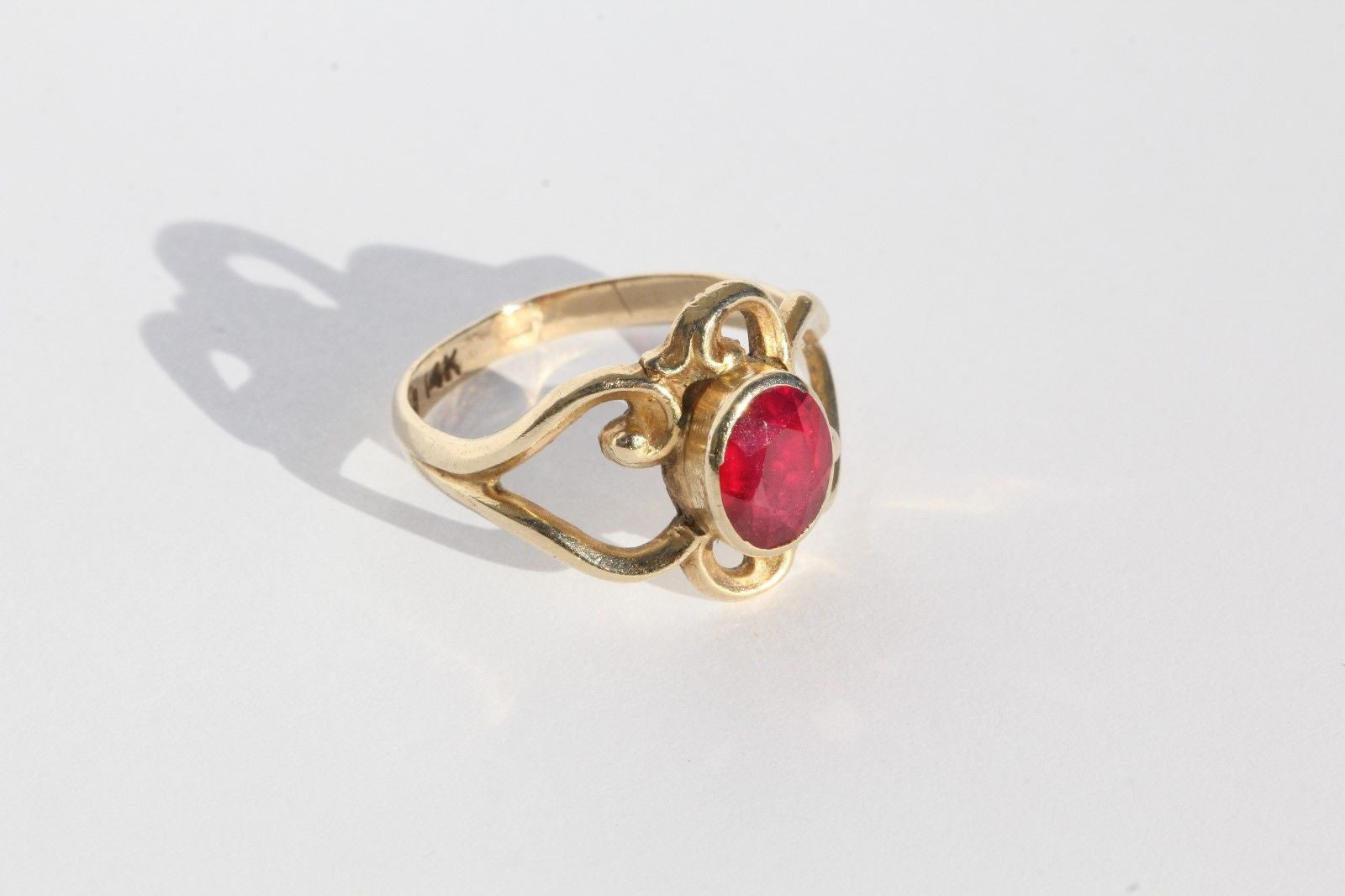 Vintage 14K Gold & Ruby Rocco Scroll Ring - Queen May