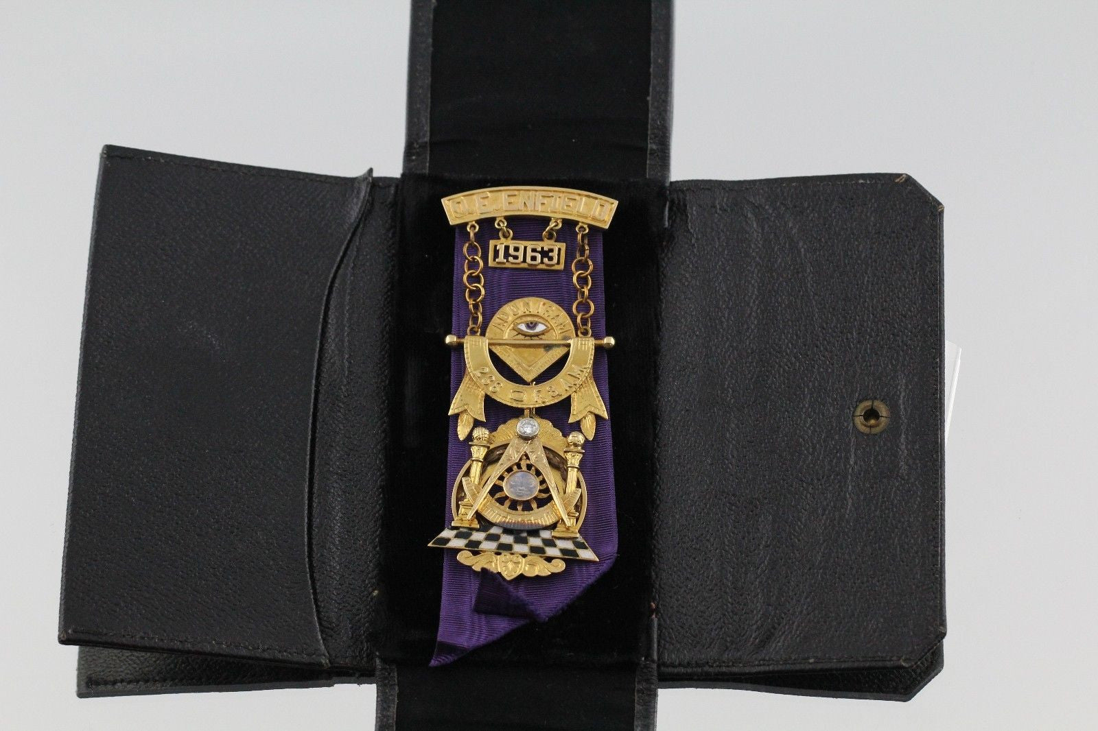 Vintage 14K Gold Enamel Diamond & Moon Stone Masonic Medal w/ Case - Queen May