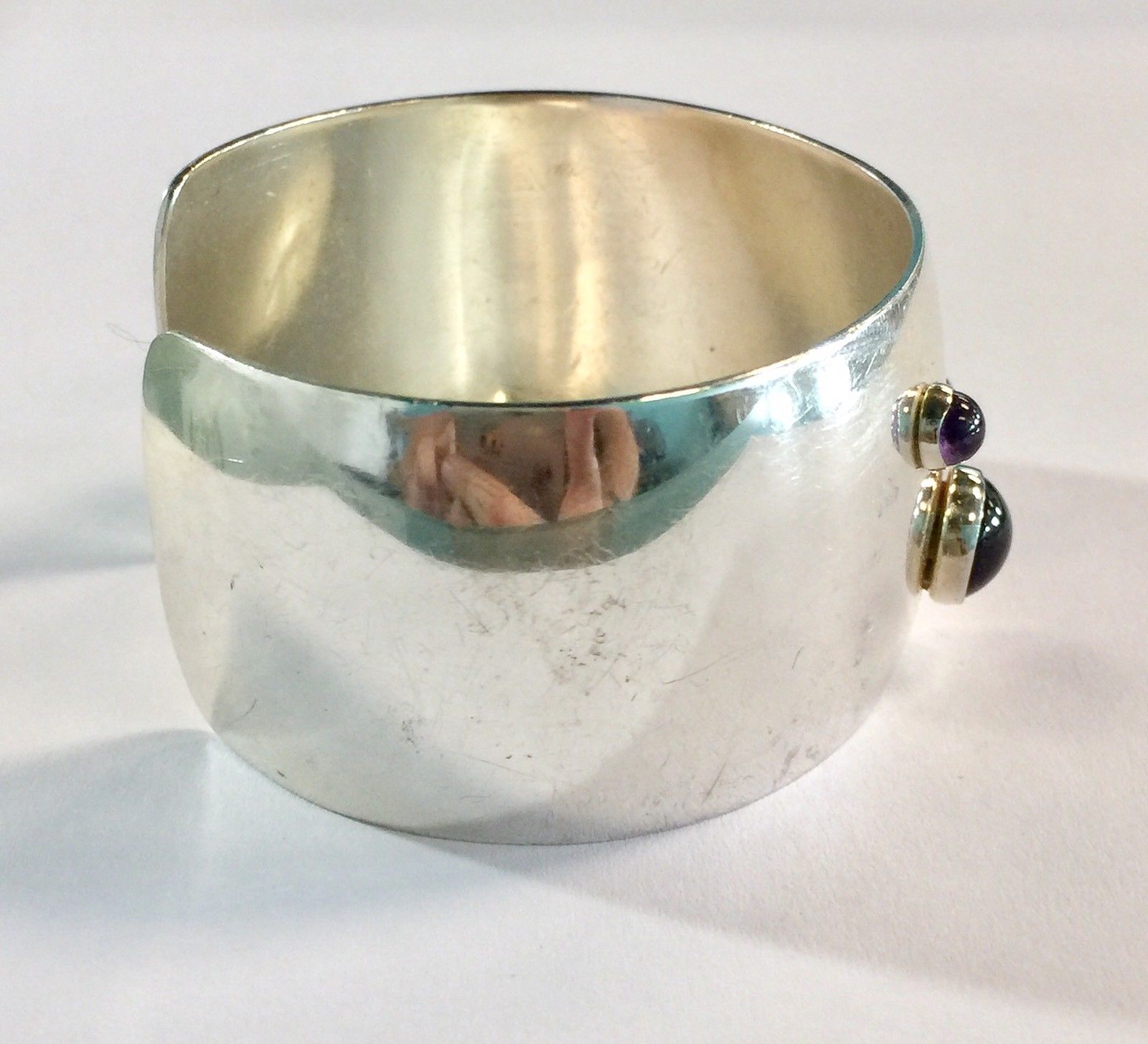 Sterling Silver Amethyst Denmark Wide Chunky Cuff Bracelet N.E.From Erik Nils - Queen May