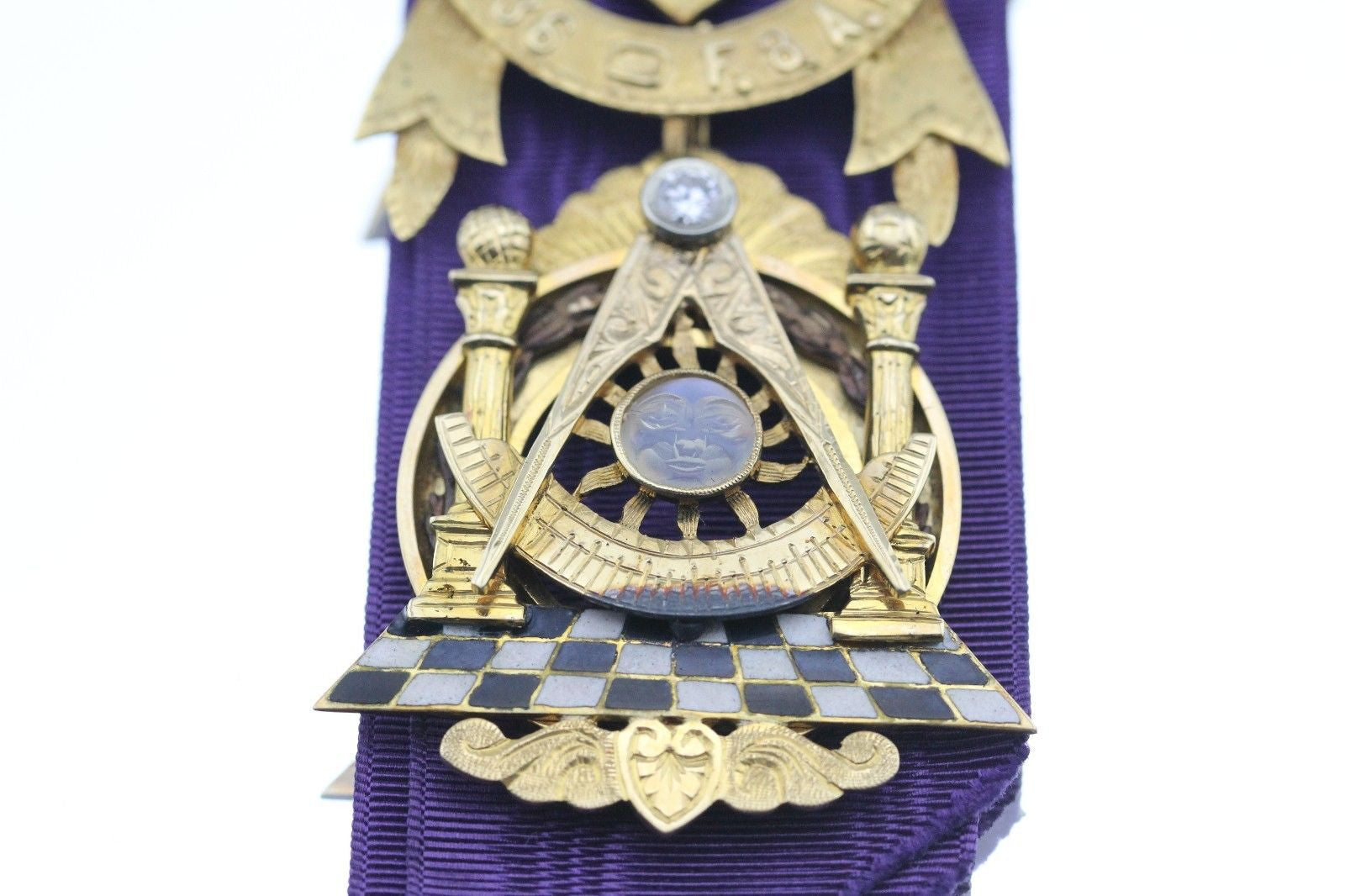 Vintage 14K Gold Enamel Diamond & Moon Stone Masonic Medal w/ Case - Queen May