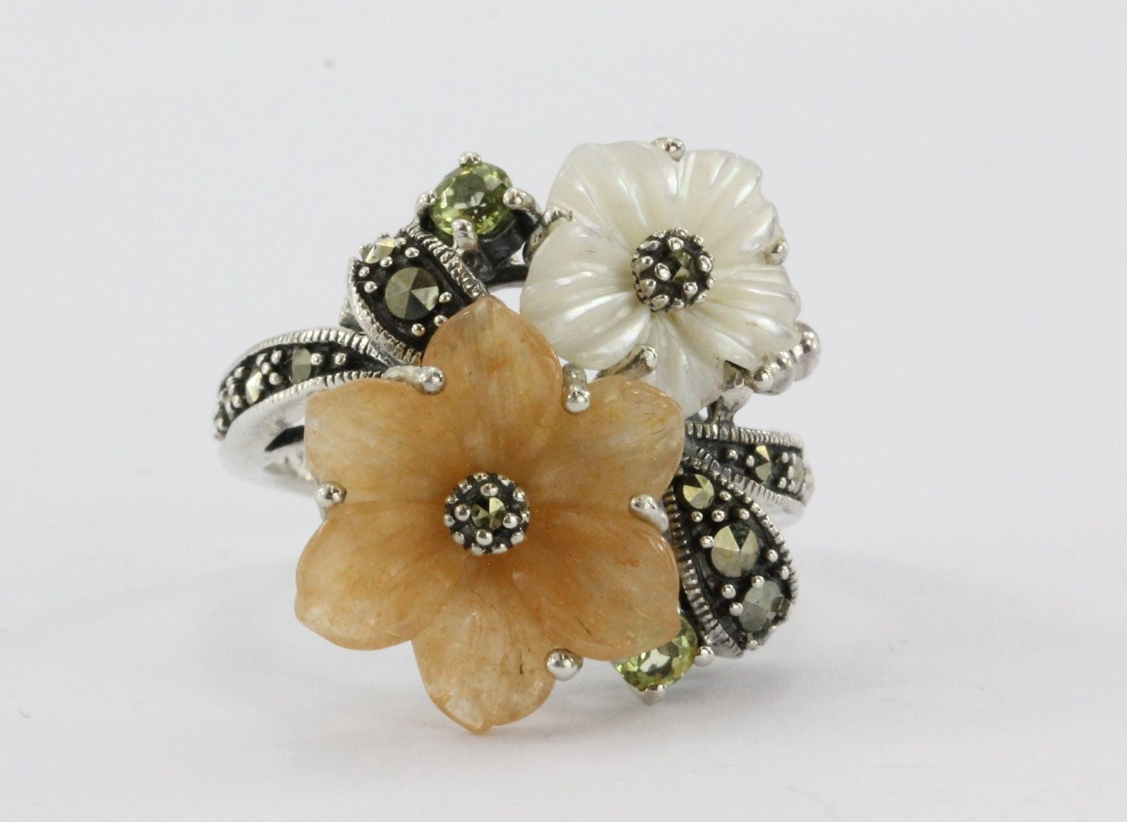 Sterling Silver Orange Jade, MOP, Peridot & Marcasite Hibiscus Flower Ring - Queen May