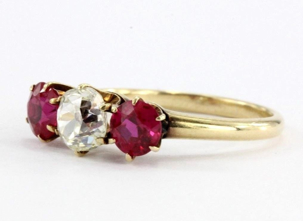 Antique Victorian 14K Gold 1.05 Ct Old Mine Cut Diamond & Ruby Engagement Ring - Queen May