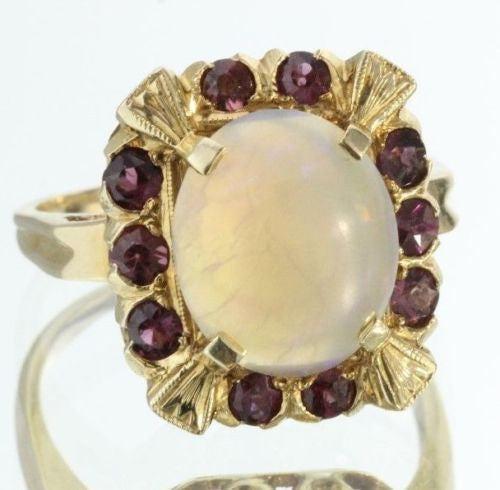 Vintage Art Deco 14K Gold Hand Chased Opal & Pink Tourmaline Ring Hallmarked - Queen May