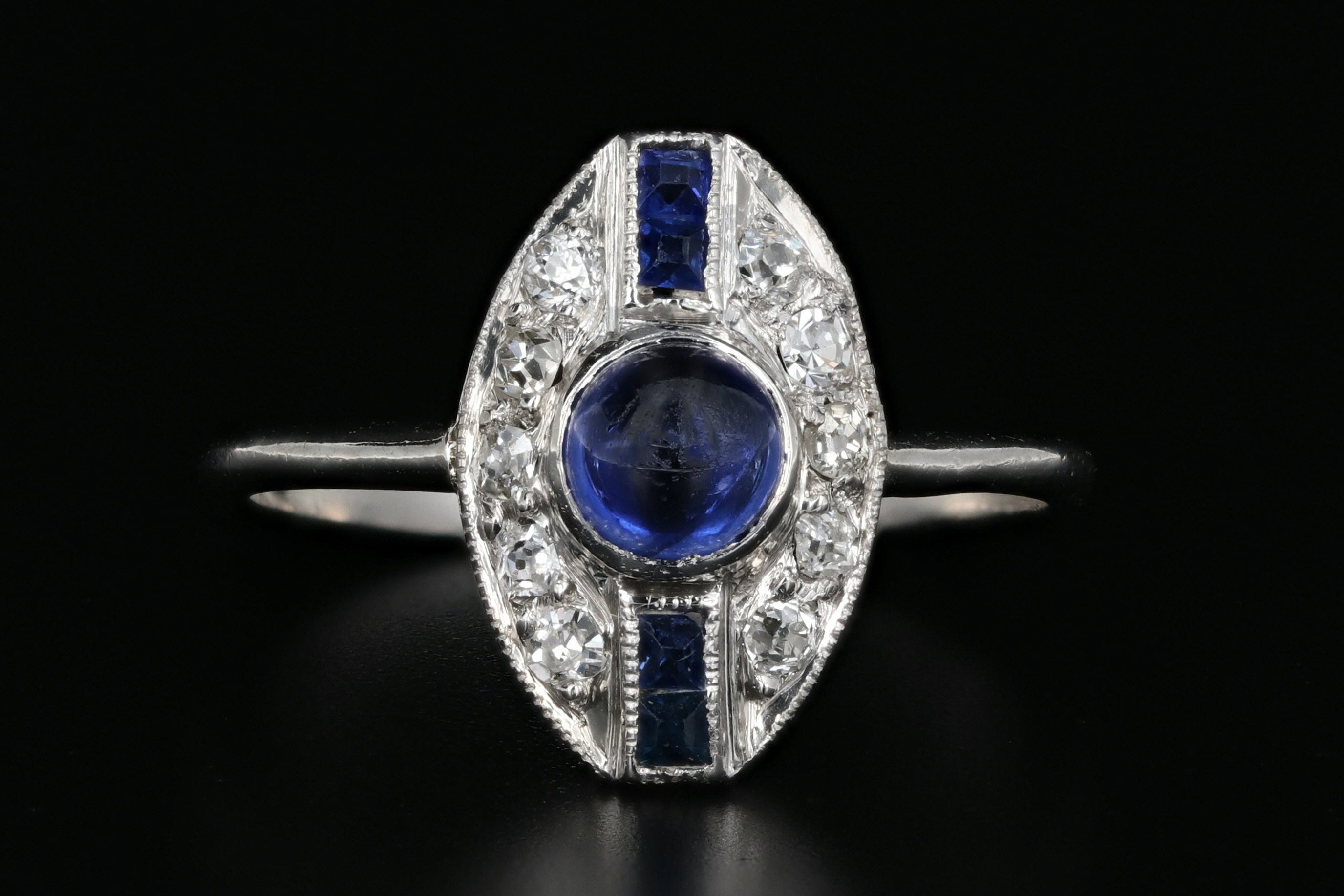 Art Deco Platinum .6 Carat Cabochon Sapphire and Diamond Ring - Queen May